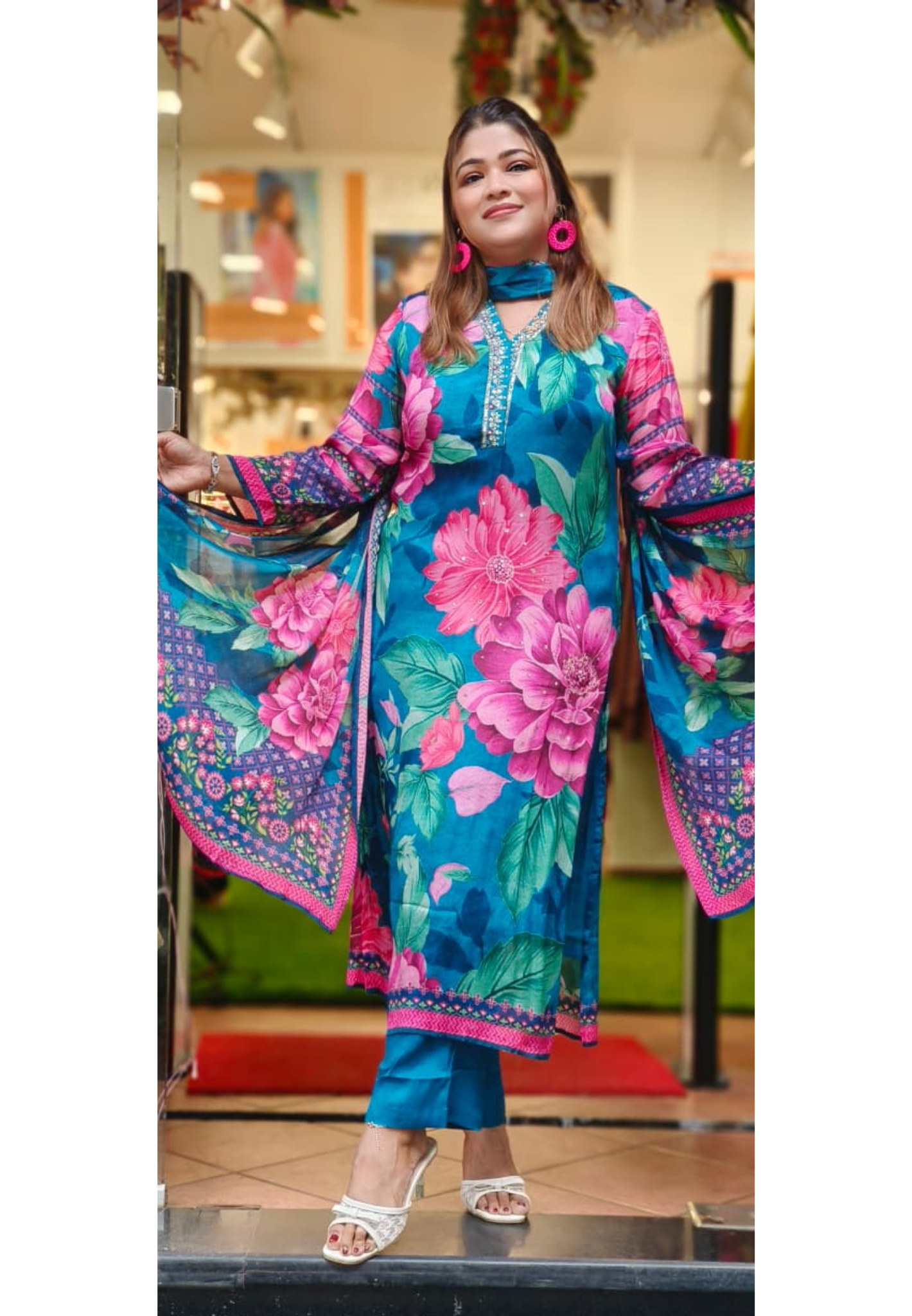 Minimal Neck Work Floral Bloom Chinon Full Suit Set With Dupatta- 10800