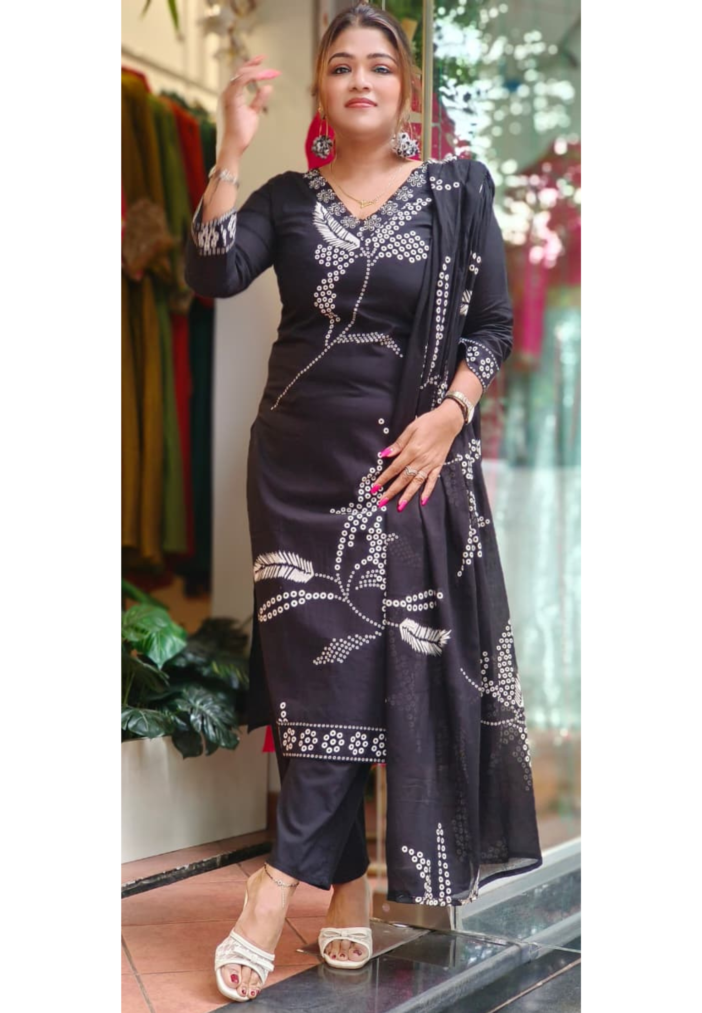 Dotted Leaves Cotton Full Suit Set With Dupatta (Lining Inside)- 10811