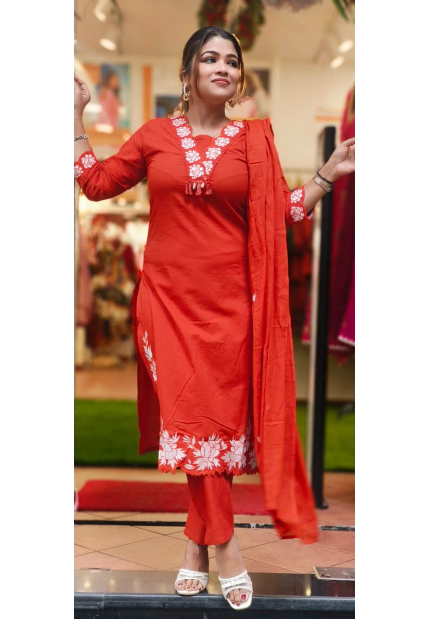 V-Neck Floral Thread Work Solid Color Full Suit Set With Dupatta In Cotton Fabric- 10810