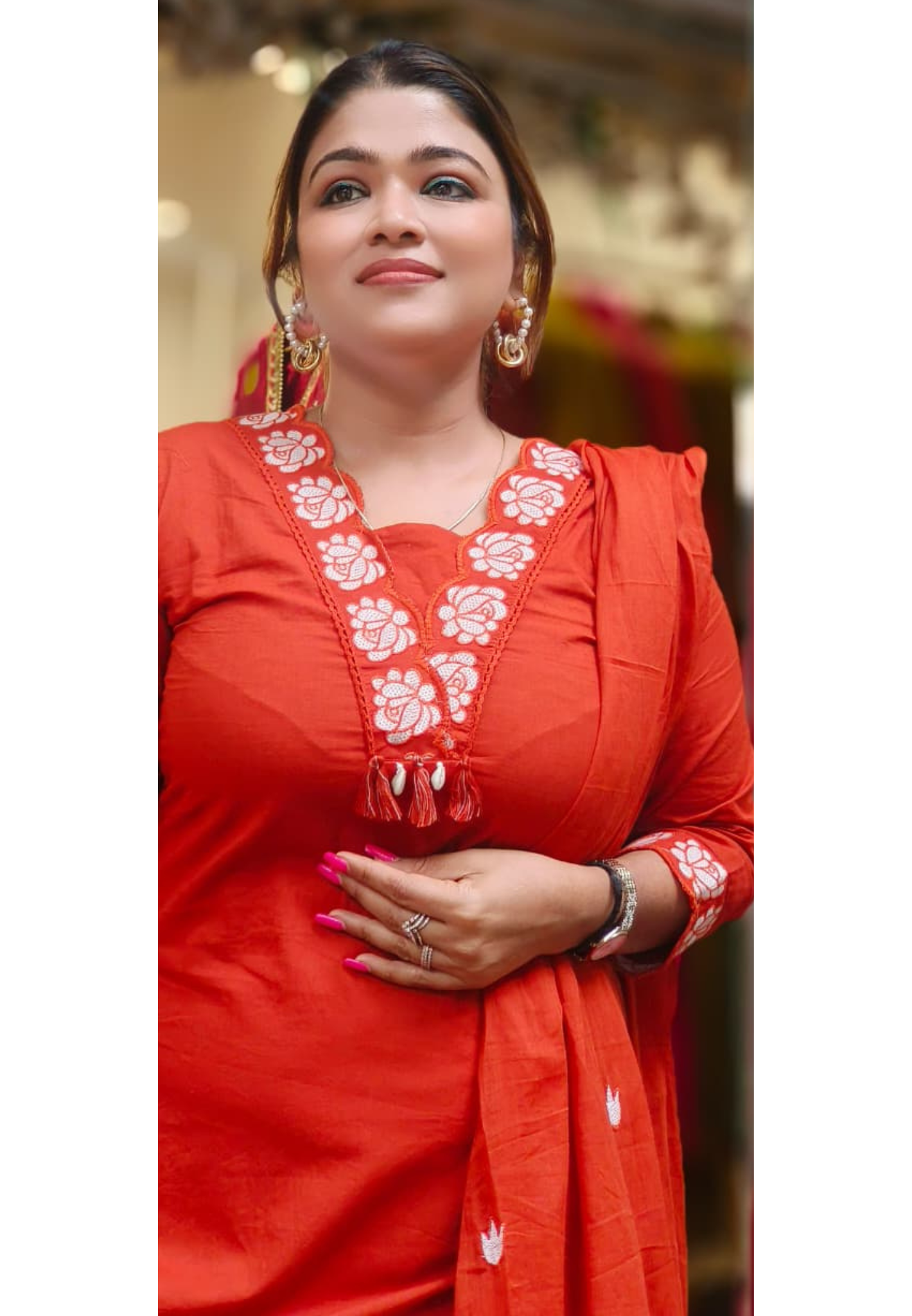V-Neck Floral Thread Work Solid Color Full Suit Set With Dupatta In Cotton Fabric- 10810