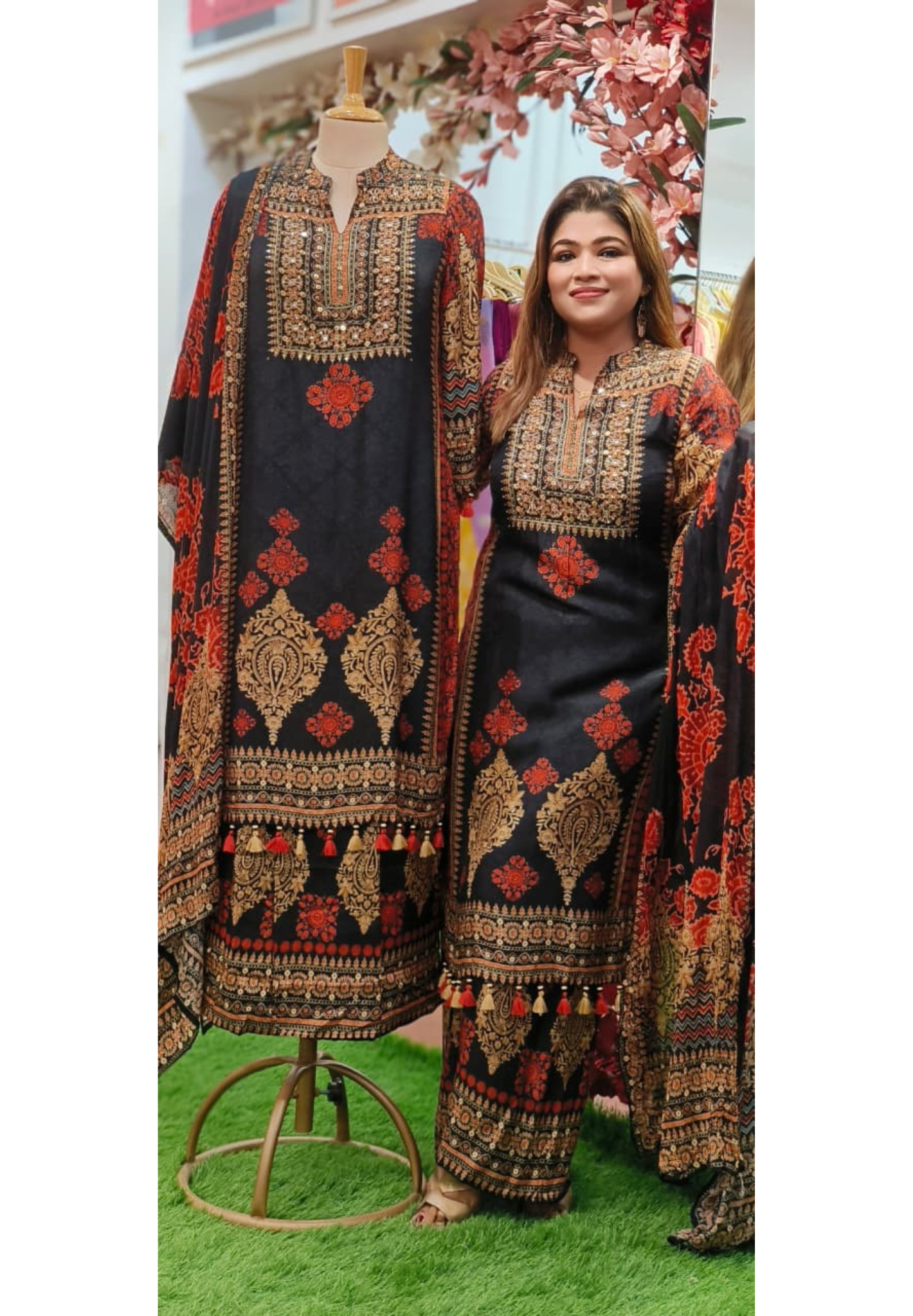 Placement Print Mandarin Collar Full Suit Set With Dupatta & Loose Palazzo Bottom In Dola Silk-10804