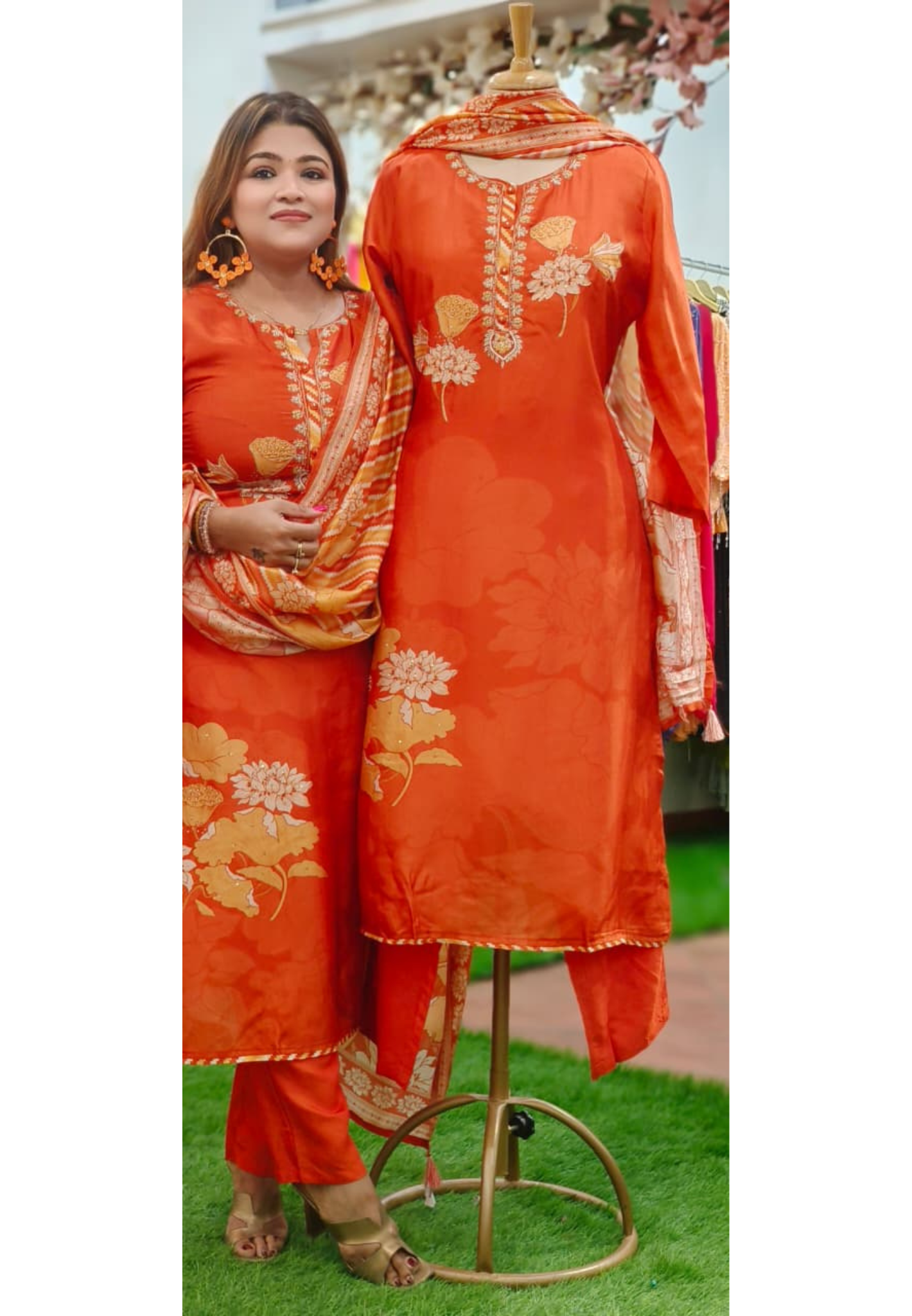 Floral Patch Elegance Off Tiny Pearl Embroidered Full Suit Set With Dupatta In Dola Silk Fabric-10840