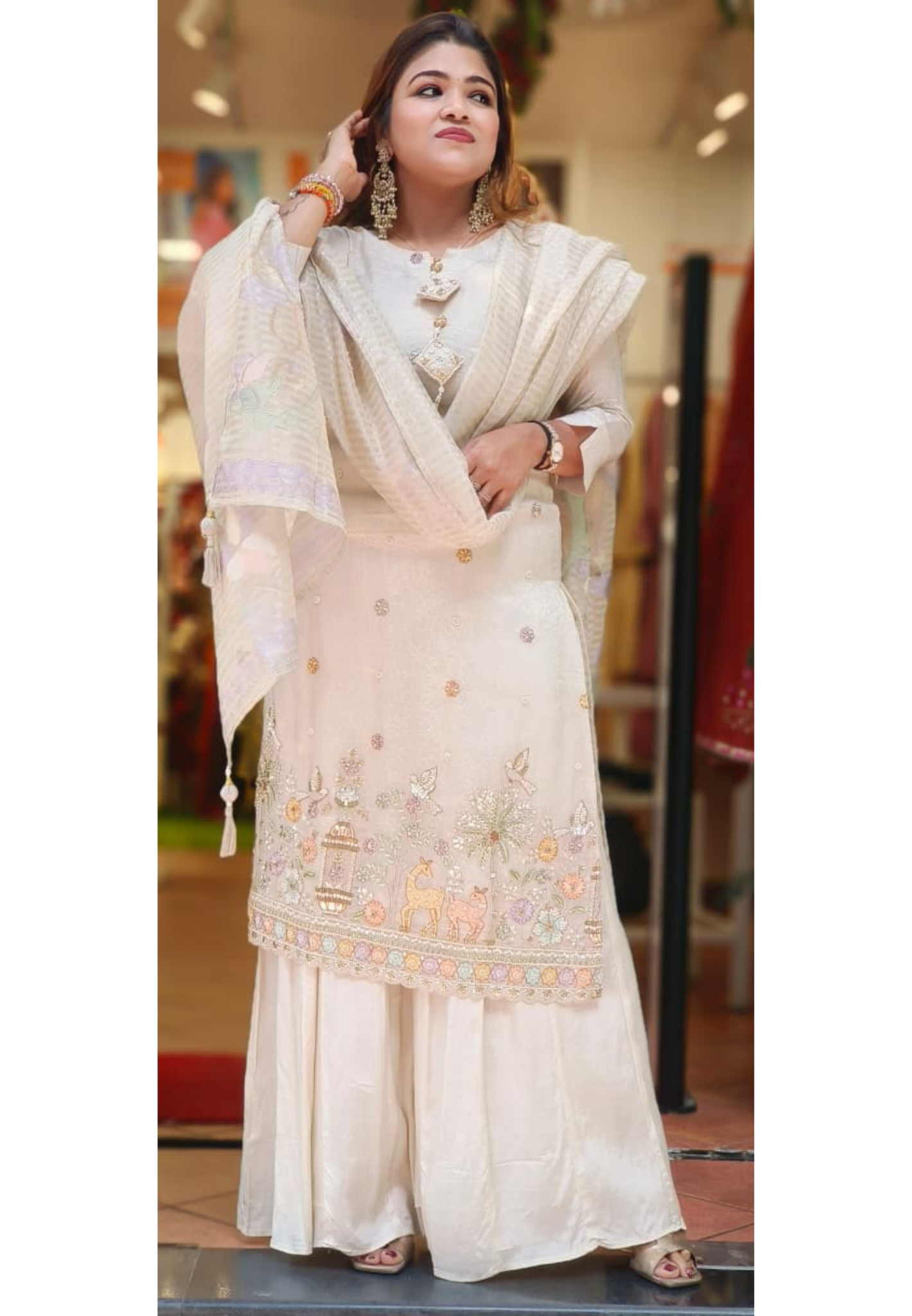 Ivory Meadow Garden & Figures Embroidered Handcrafted Full Suit Set With Dupatta In Tissue Fabric