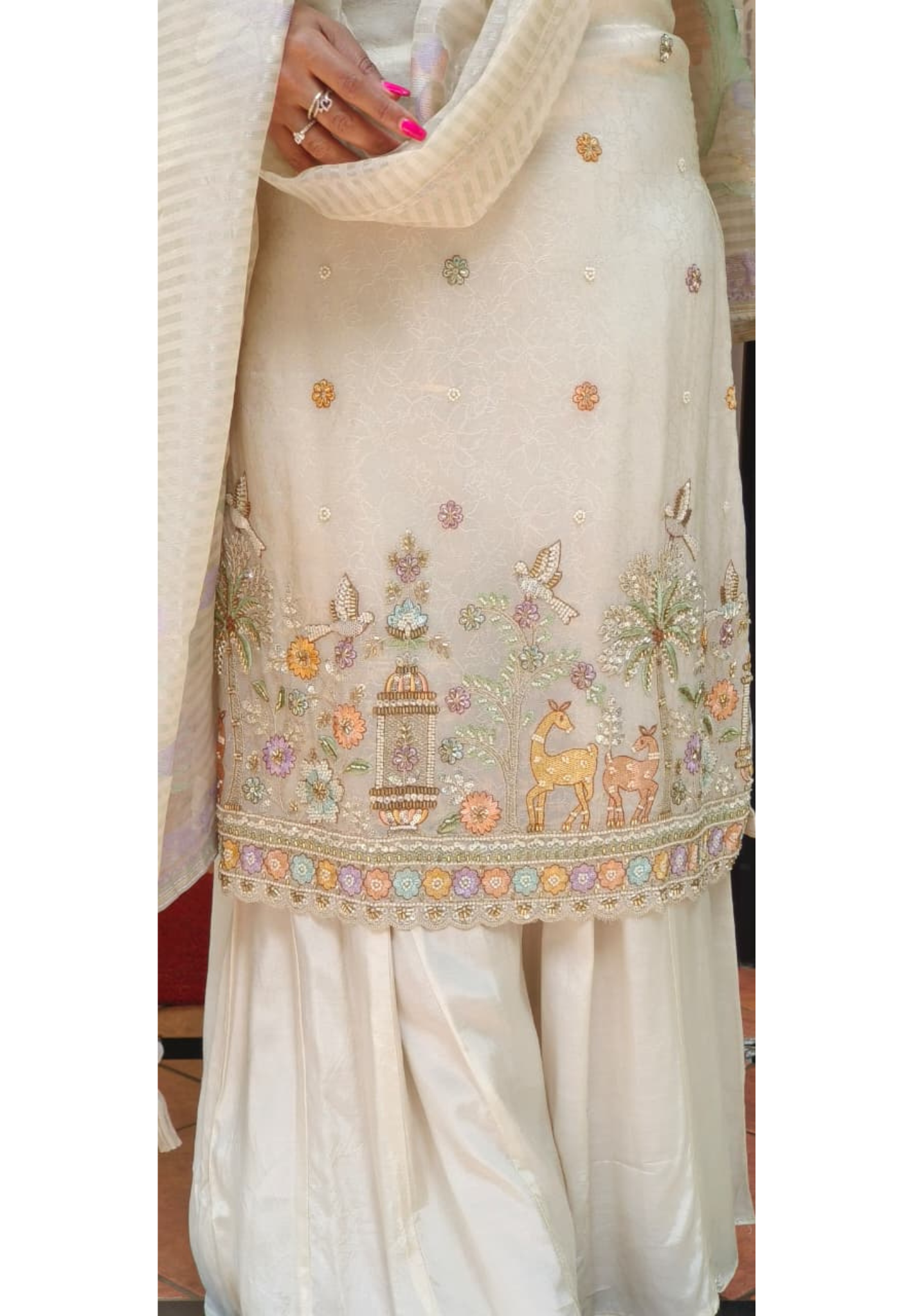 Ivory Meadow Garden & Figures Embroidered Handcrafted Full Suit Set With Dupatta In Tissue Fabric