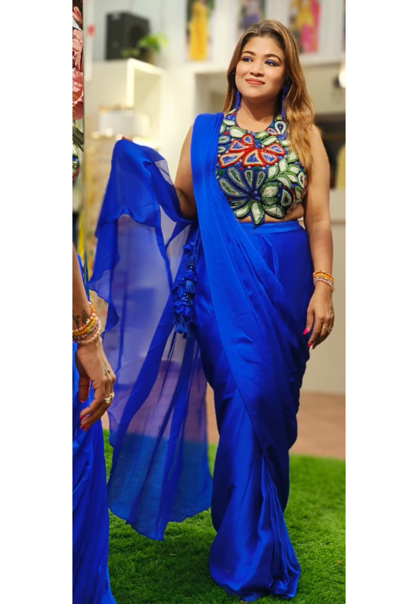 Colorful Pearl Celeste Bloom Sleeveless Blouse Designer Drape Saree