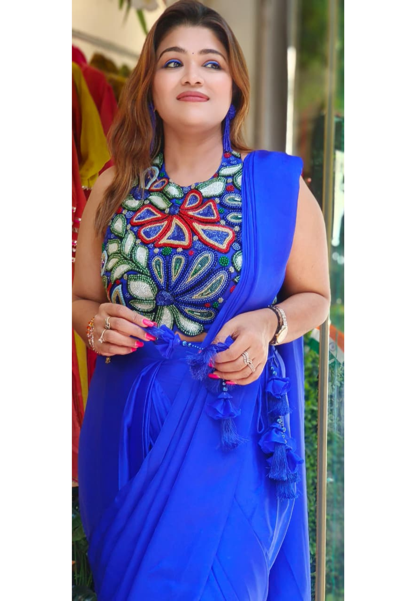 Colorful Pearl Celeste Bloom Sleeveless Blouse Designer Drape Saree