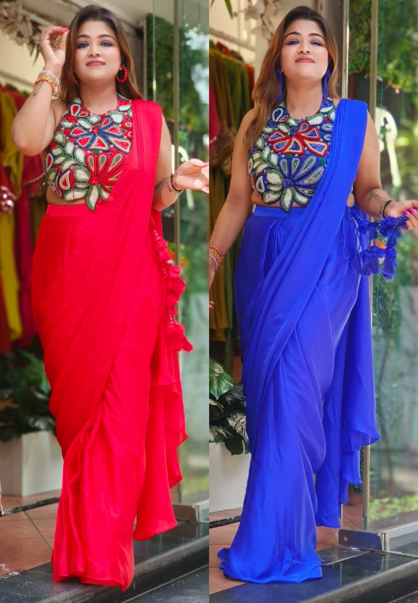 Colorful Pearl Celeste Bloom Sleeveless Blouse Designer Drape Saree
