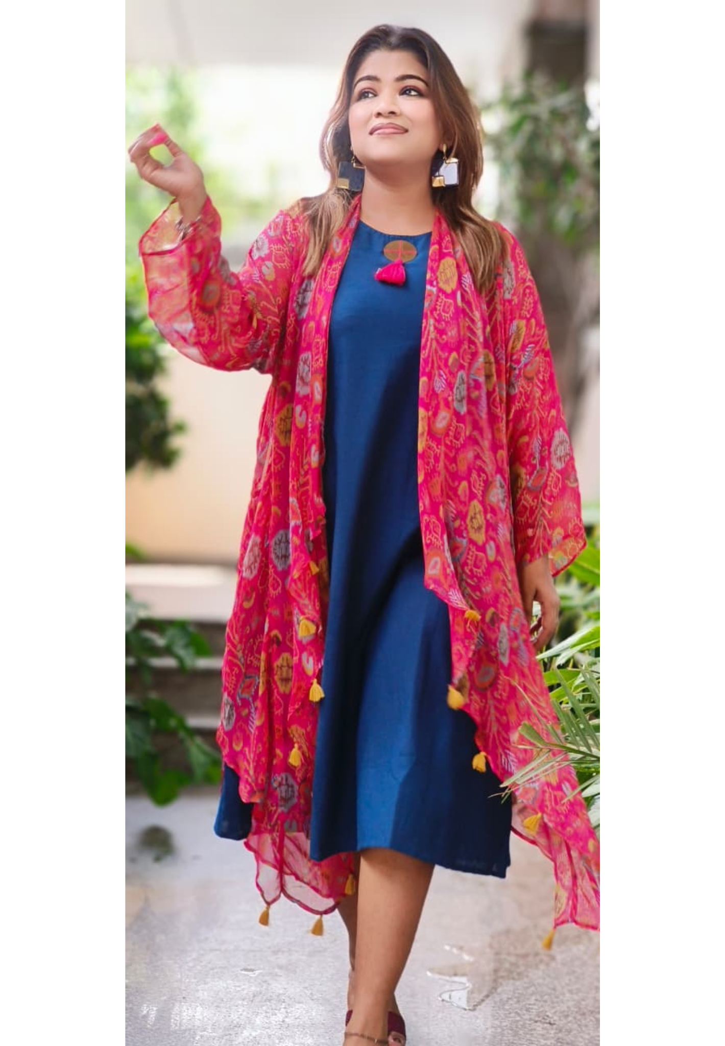 Indo-Western Solid Kurta With Royal Bloom Long Shrug