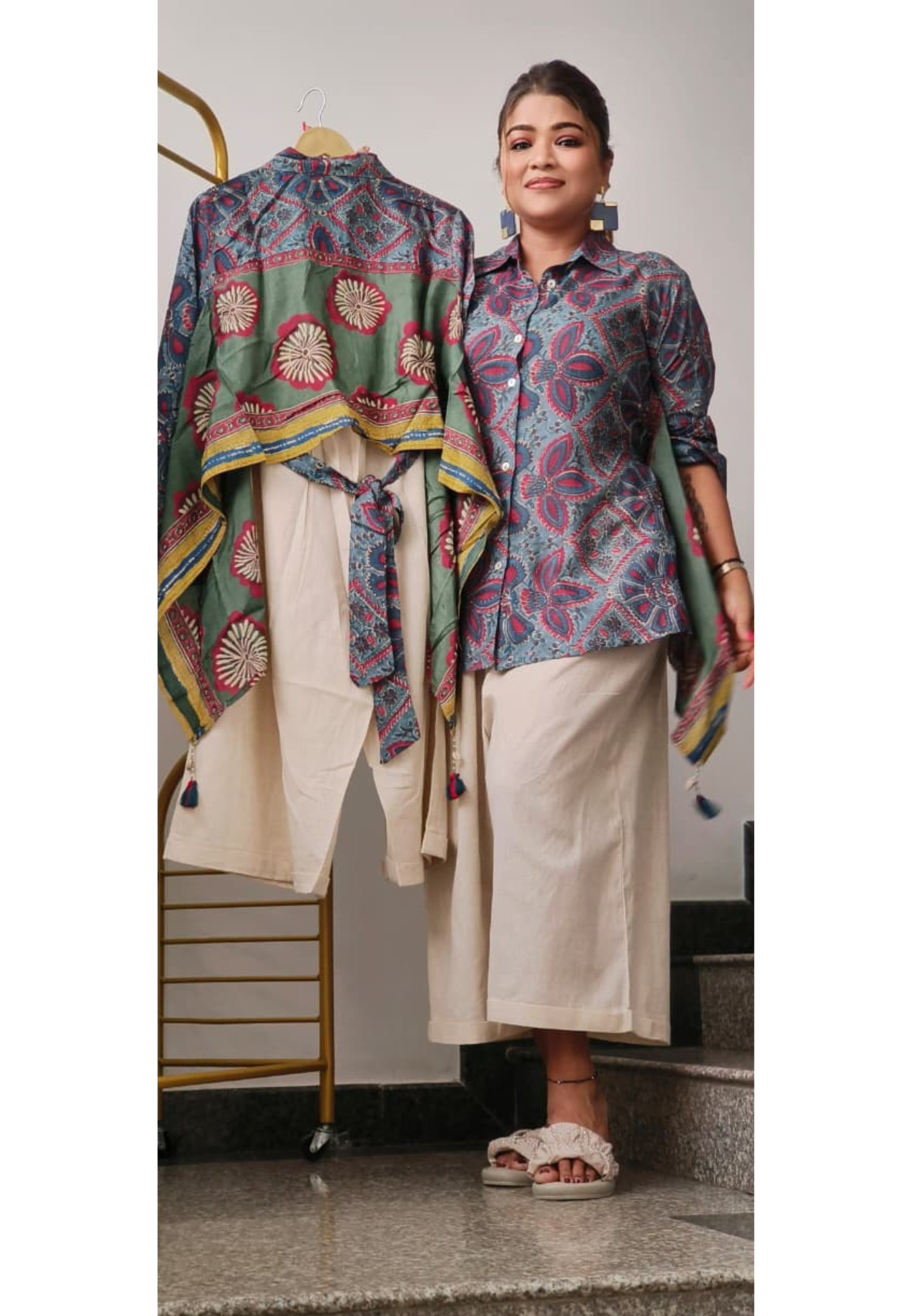 Regular Prints Indo-Western Unique Co-Ord Set With Floral Touch