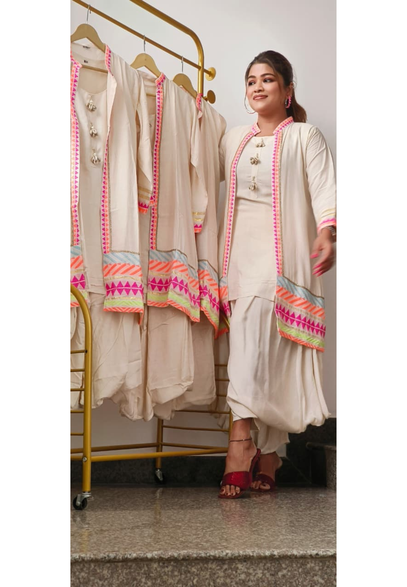 Vibrant Border In Soft Tone Solid Kurta With Harem Pant & Shrug-10908