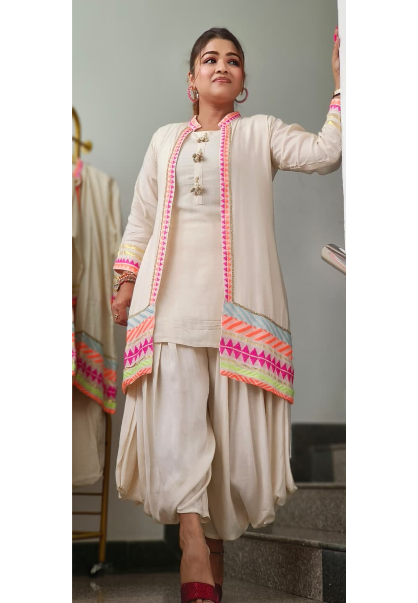 Vibrant Border In Soft Tone Solid Kurta With Harem Pant & Shrug-10908