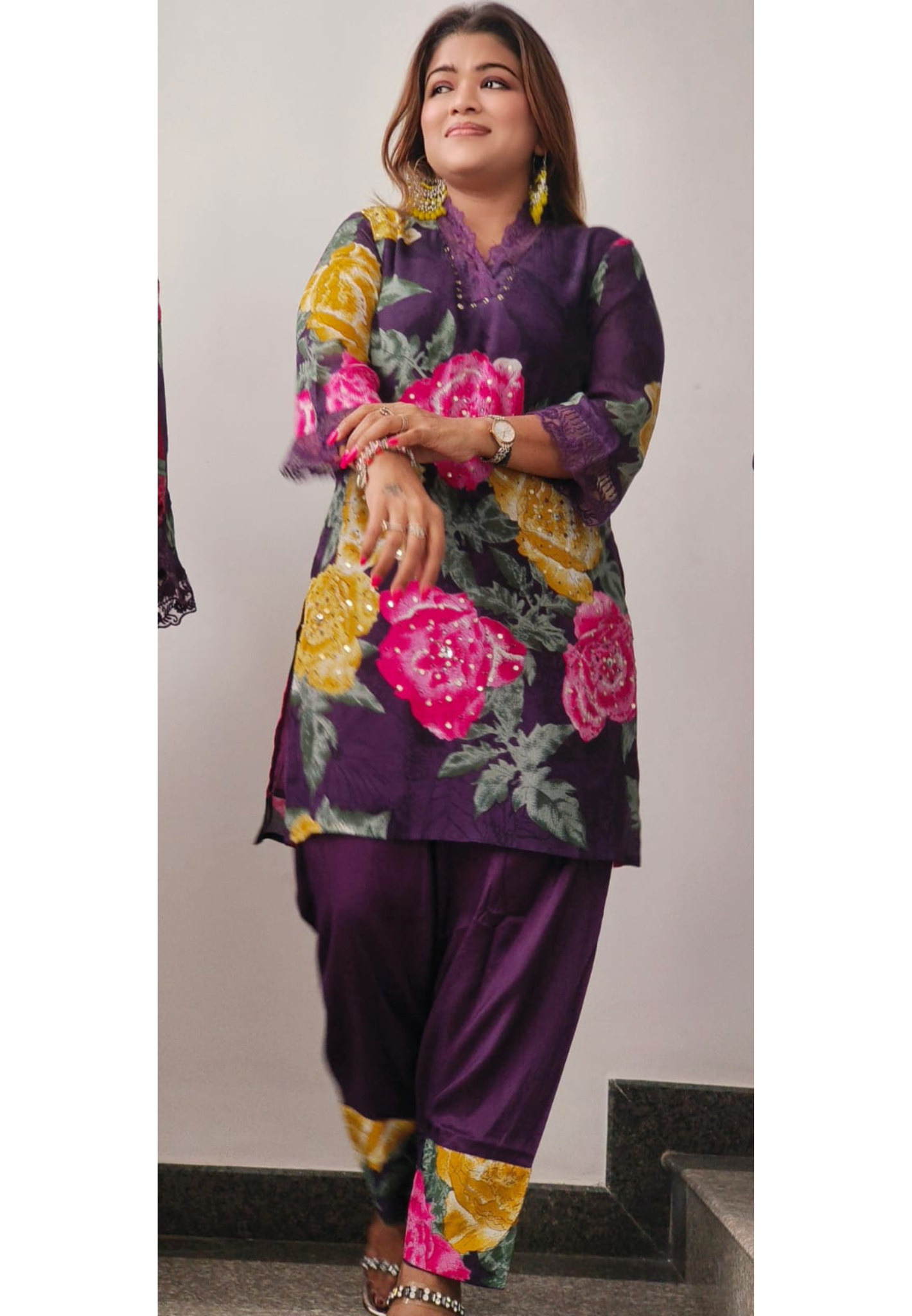 Floral Patched Work With Minimal Crosia Work Kurta With Farsi Pant Set In Chinon Fabric- 10878