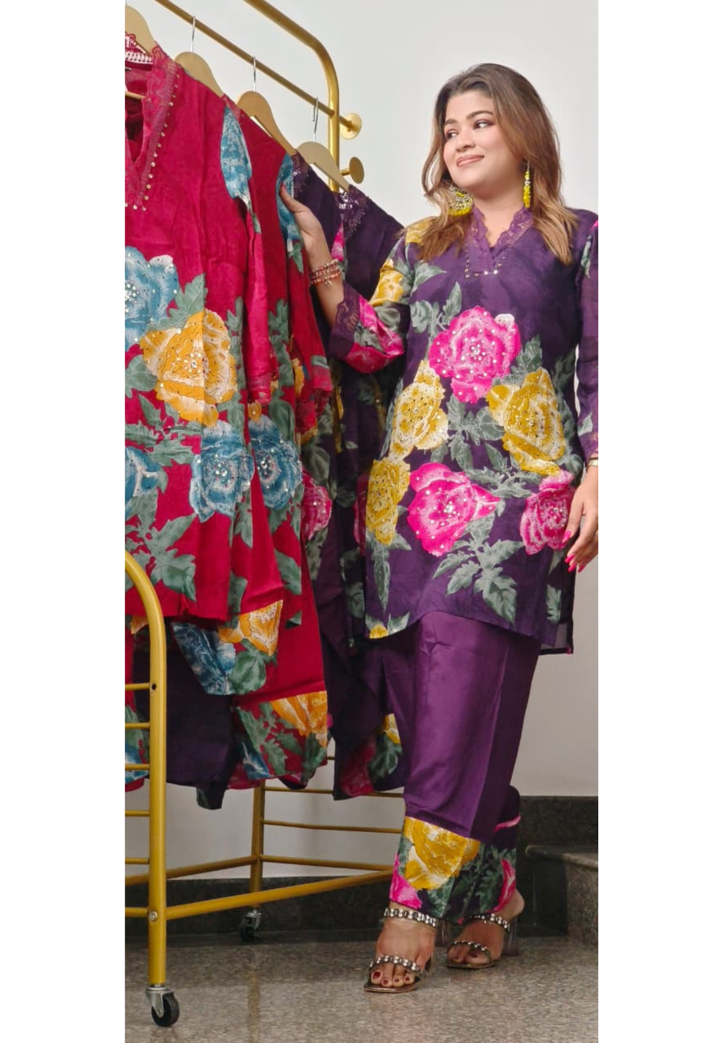Floral Patched Work With Minimal Crosia Work Kurta With Farsi Pant Set In Chinon Fabric- 10878