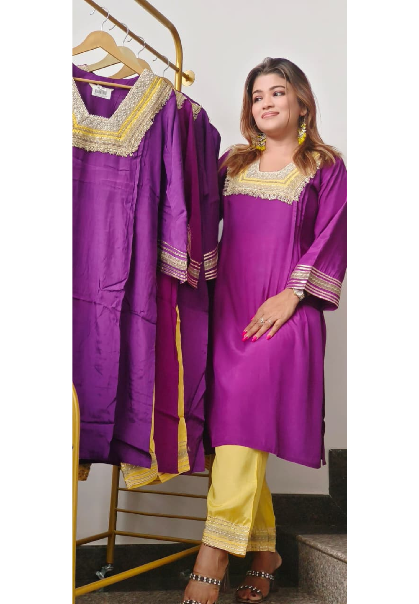Tiny Pearl & Zari Neck Work Vibrant Kurta Pant Set In Muslin Fabric-10906