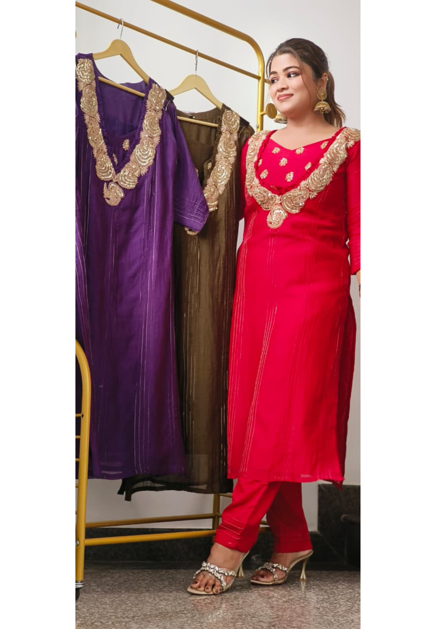 Minimal Zardosi Work Buster A-Line Kurta Pant Set In Mul Chanderi Fabric- 10886