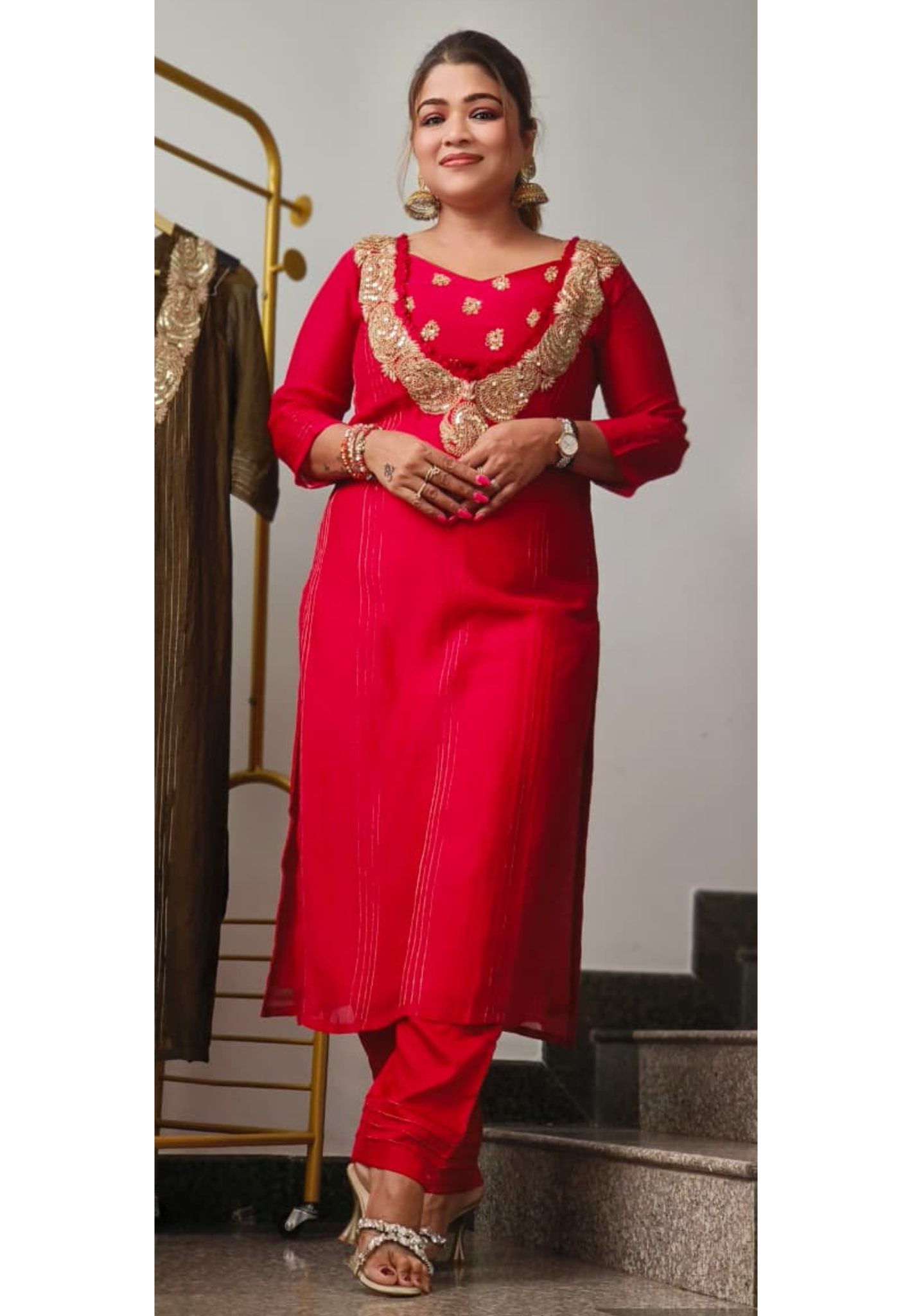 Minimal Zardosi Work Buster A-Line Kurta Pant Set In Mul Chanderi Fabric- 10886
