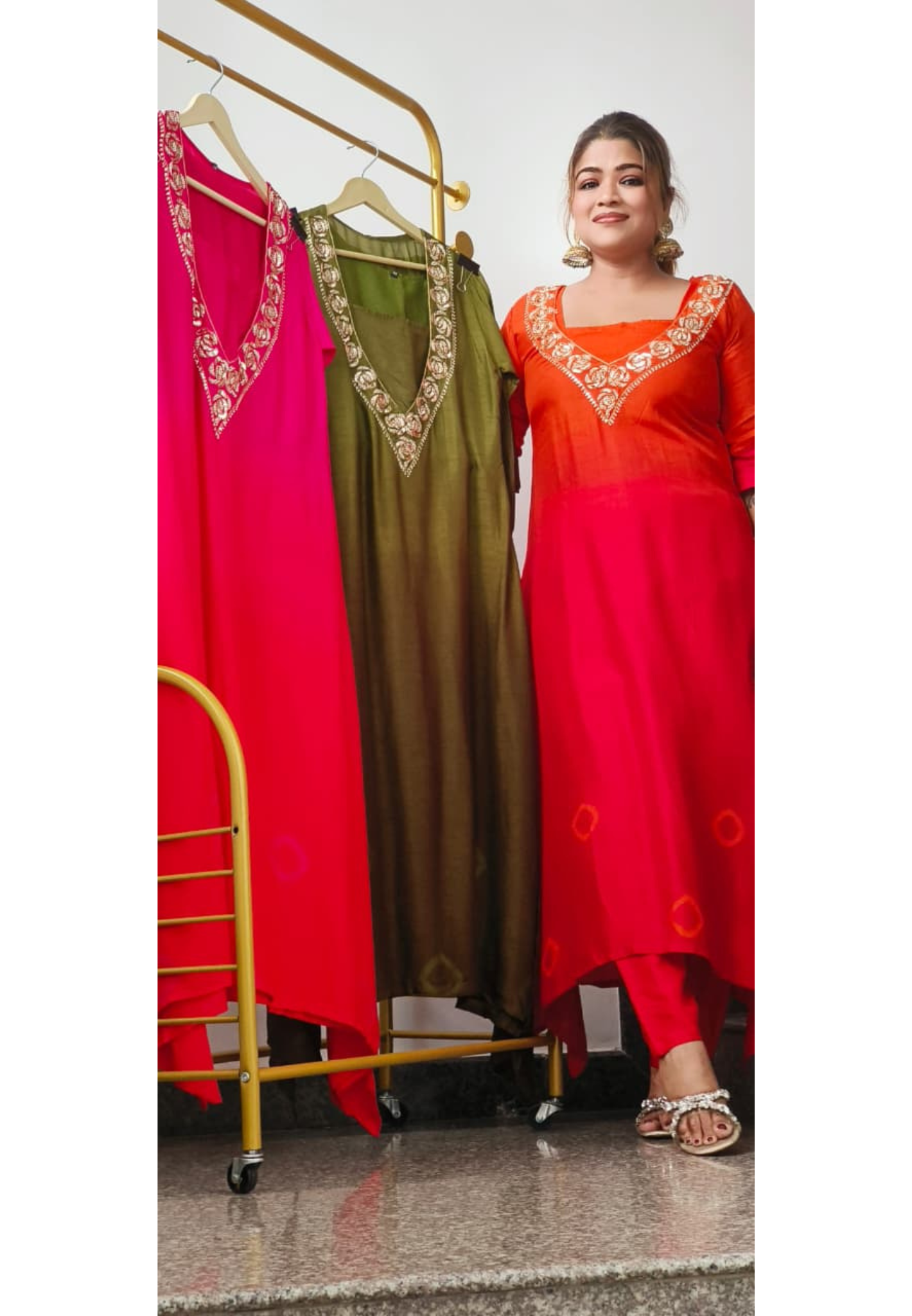 Suttle V-Neck Work Ombre Kurta Pant Set With Buster In Dola Slik Fabric- 10890,10889,91
