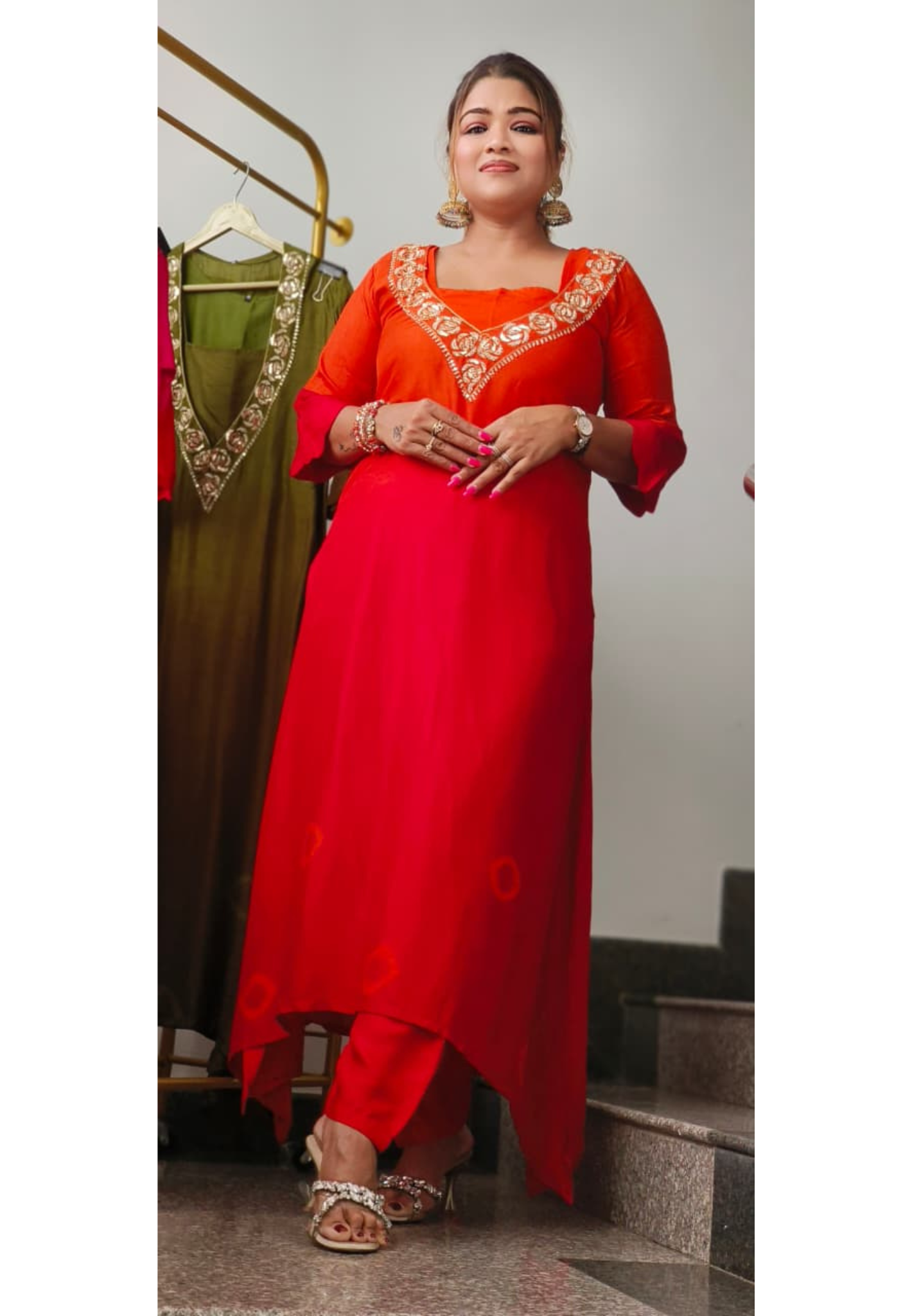 Suttle V-Neck Work Ombre Kurta Pant Set With Buster In Dola Slik Fabric- 10890,10889,91