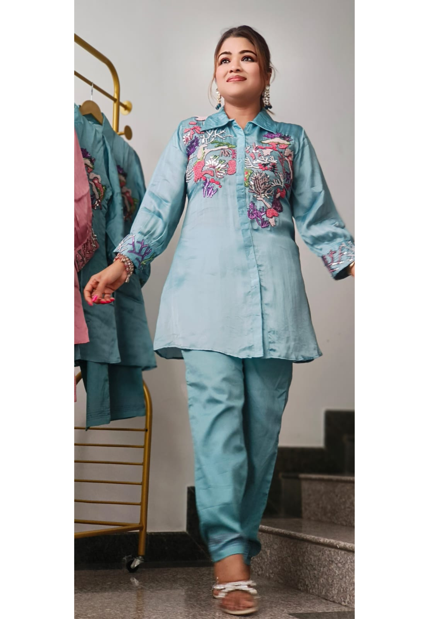 Corals Sequenced Foil Embellished Co-Ord Set In Organza Satin Fabric-10892