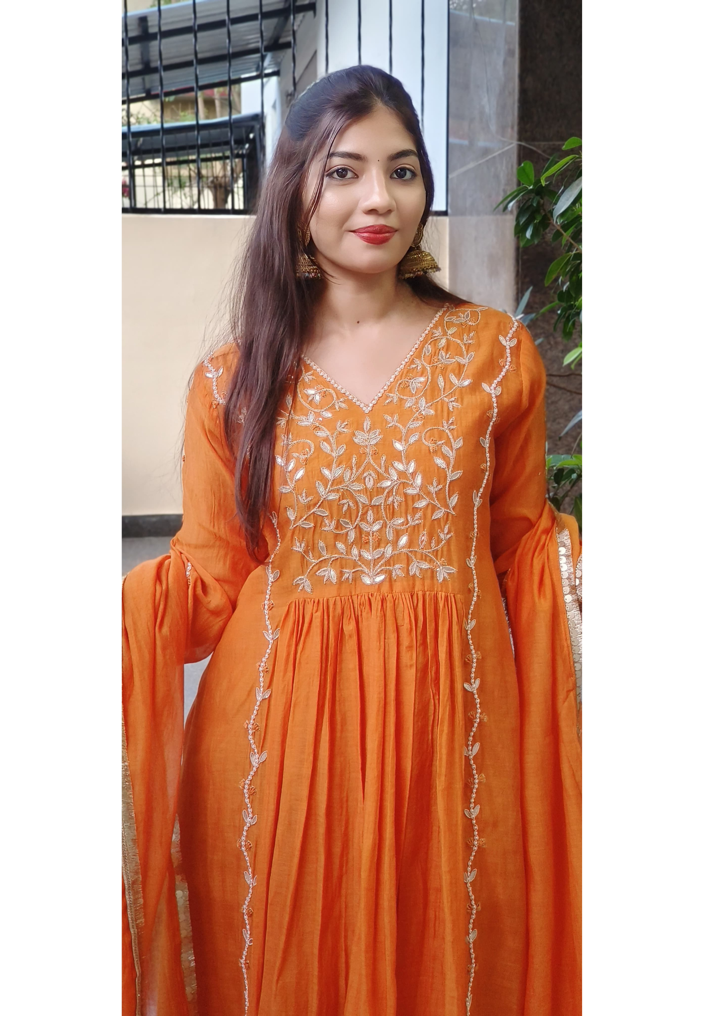 Radiant Orange Mul Chanderi Cotton Full Suit Set with Hand Zardozi, Pearl & Gota Patti Embroidery – Festive Wear with Graceful Detailing DRYWASH-09327
