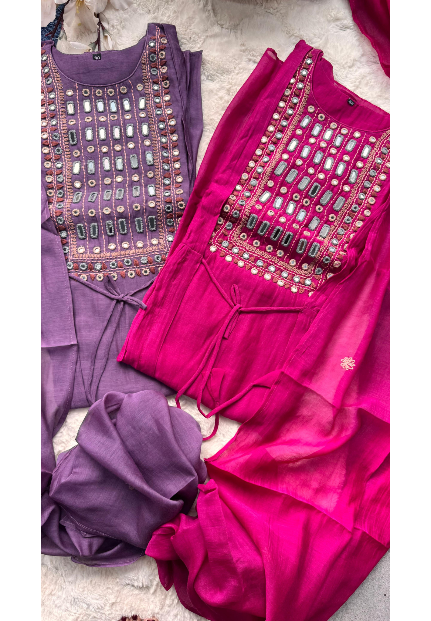 Real Mirror Front Work With Attached Jacket Mul Chanderi A-Line Full Suit Set