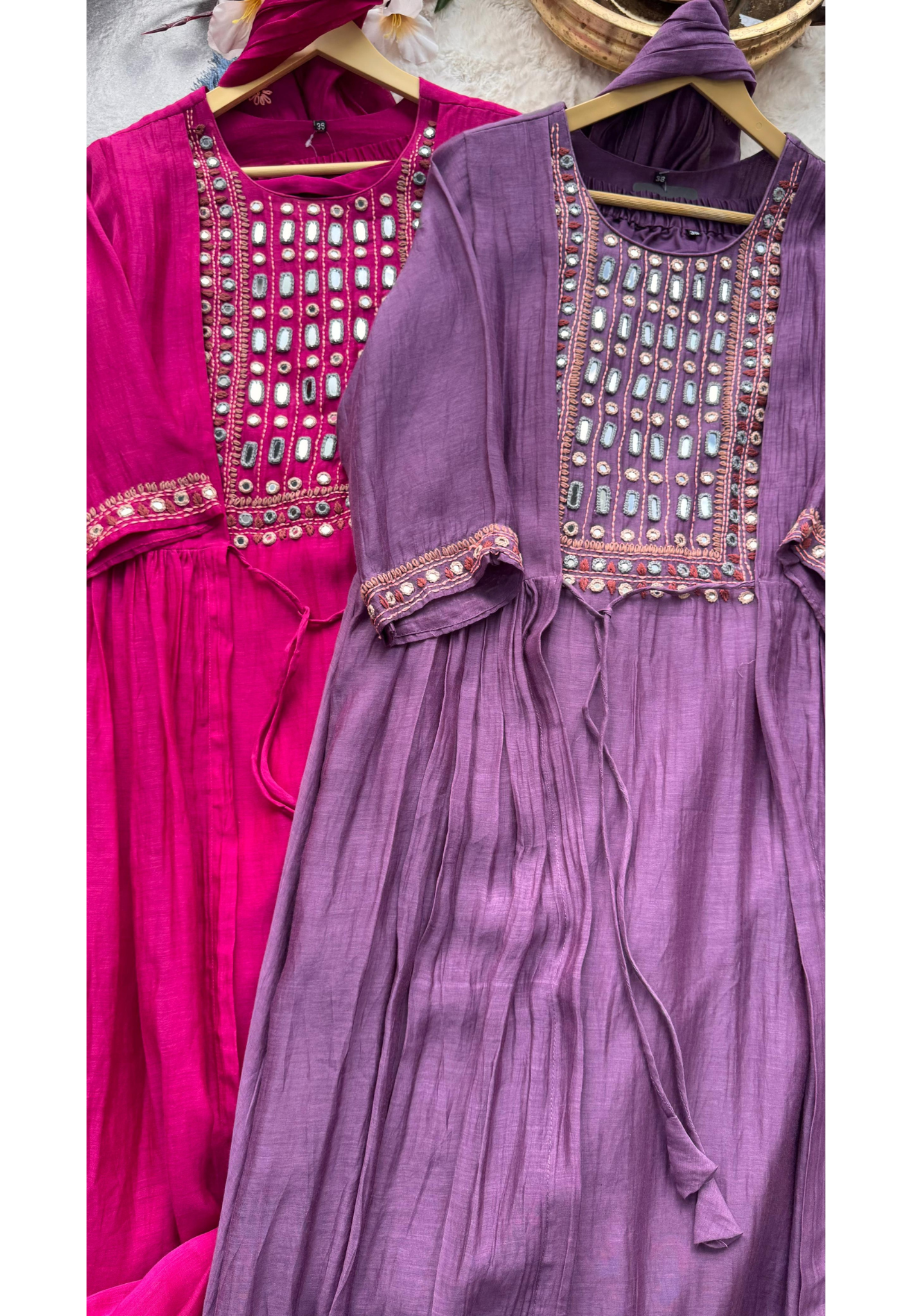 Real Mirror Front Work With Attached Jacket Mul Chanderi A-Line Full Suit Set