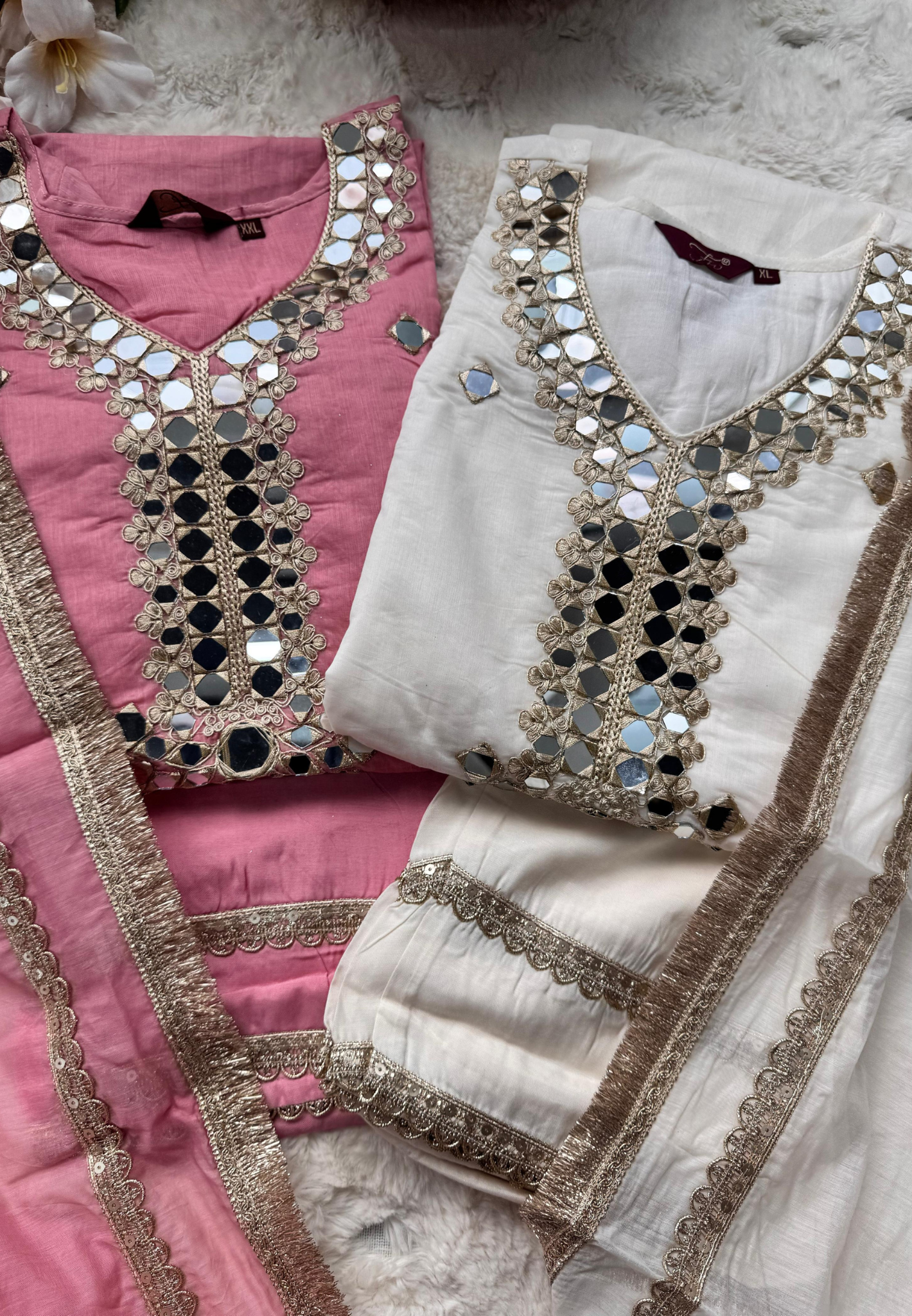 Very Elegant Real Mirror With Beautiful Borders Anarkali Full Suit Set With Dupatta In Mul Chanderi Fabric- 10642 10645
