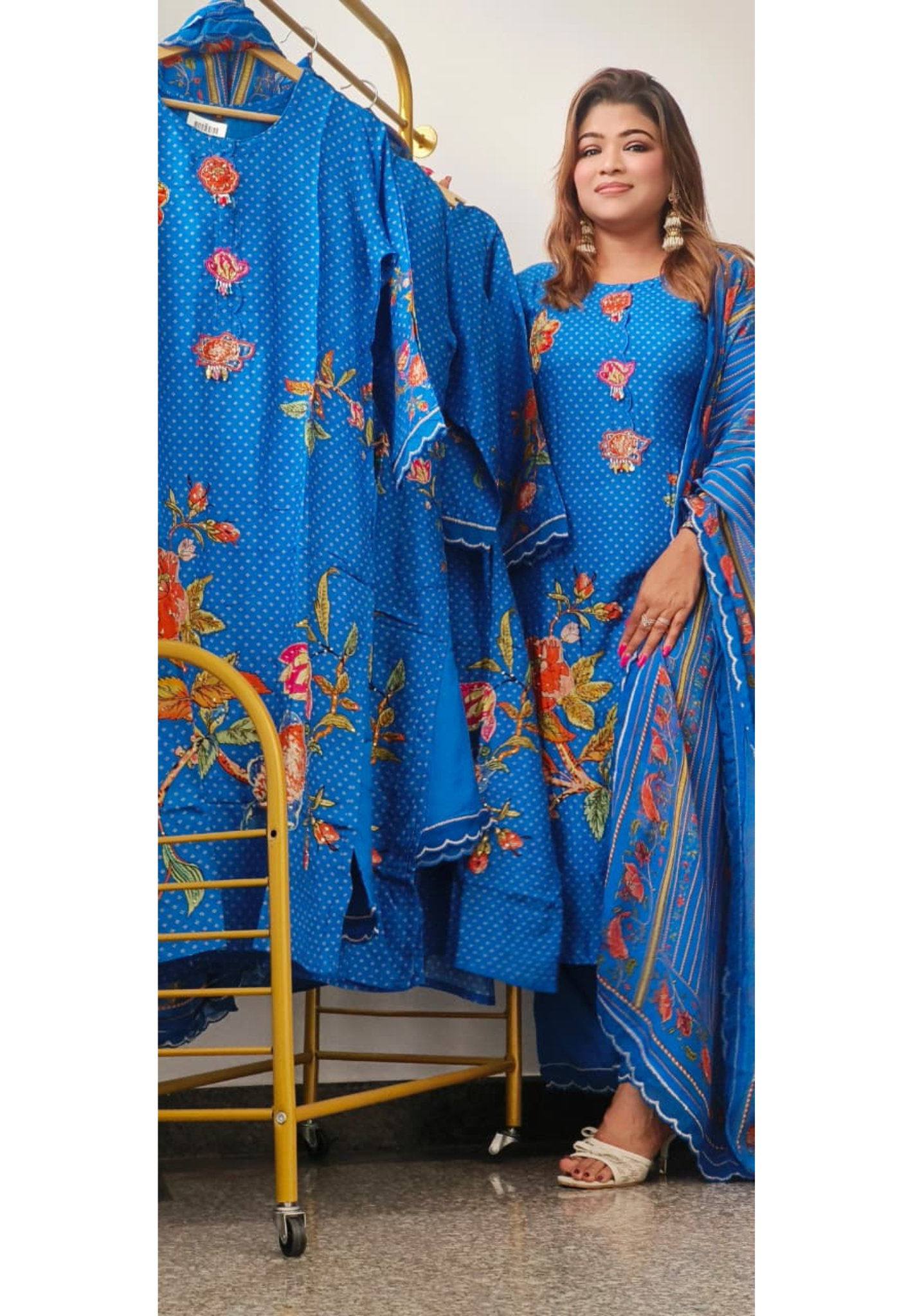 Festive Aura Floral Patched Russian Silk Full Suit Set With Organza Dupatta-10895