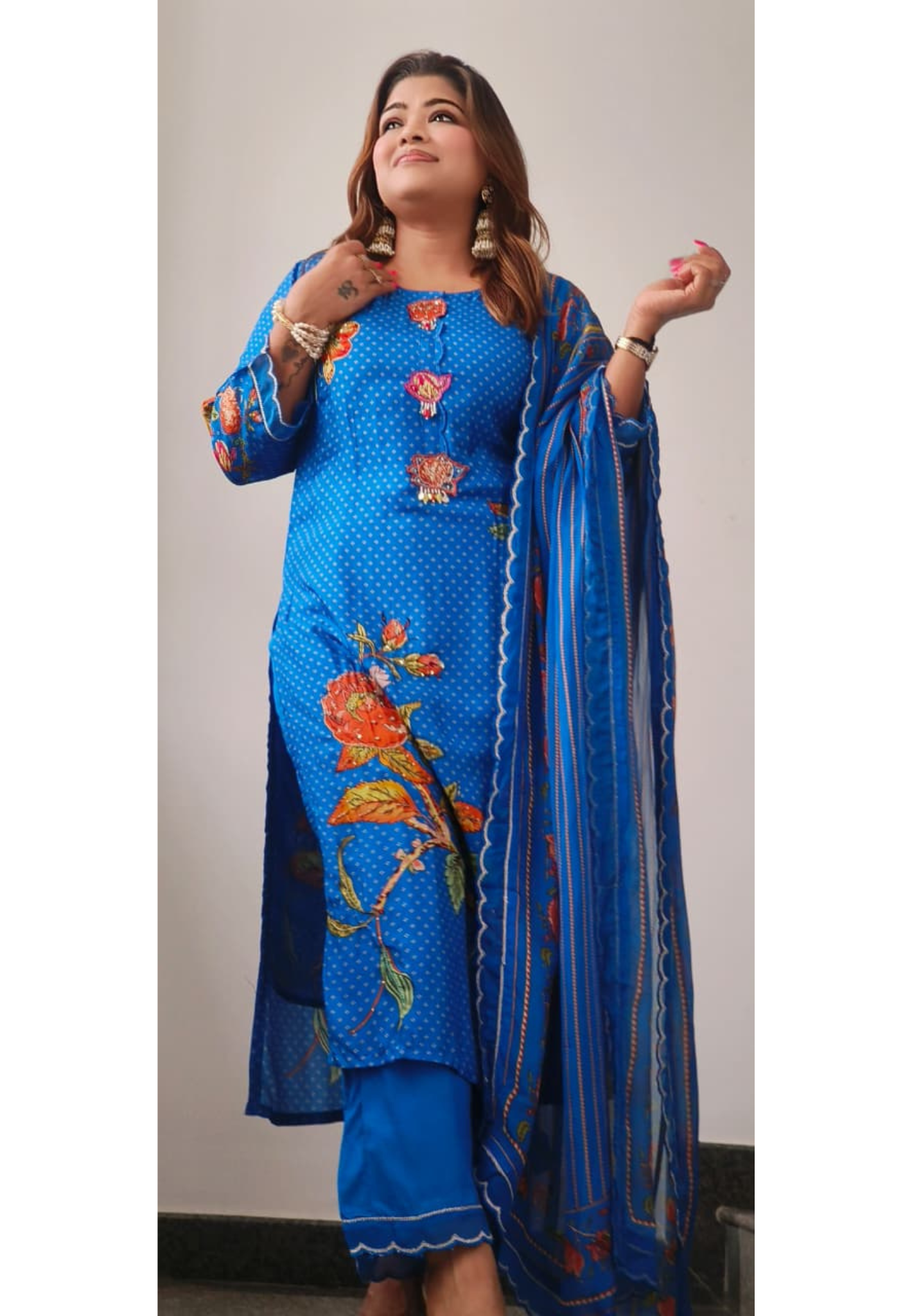 Festive Aura Floral Patched Russian Silk Full Suit Set With Organza Dupatta-10895