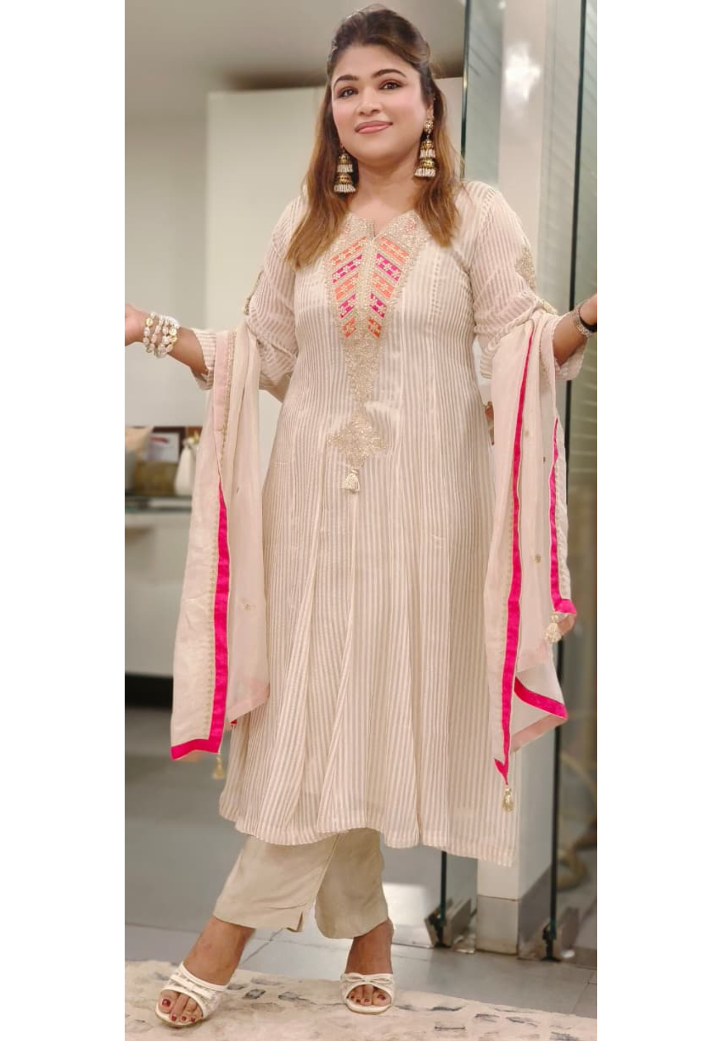 Beautiful Front Zardosi Front Work Tissue Striped Panel Anarkali Full Suit Set With Dupatta- 10894