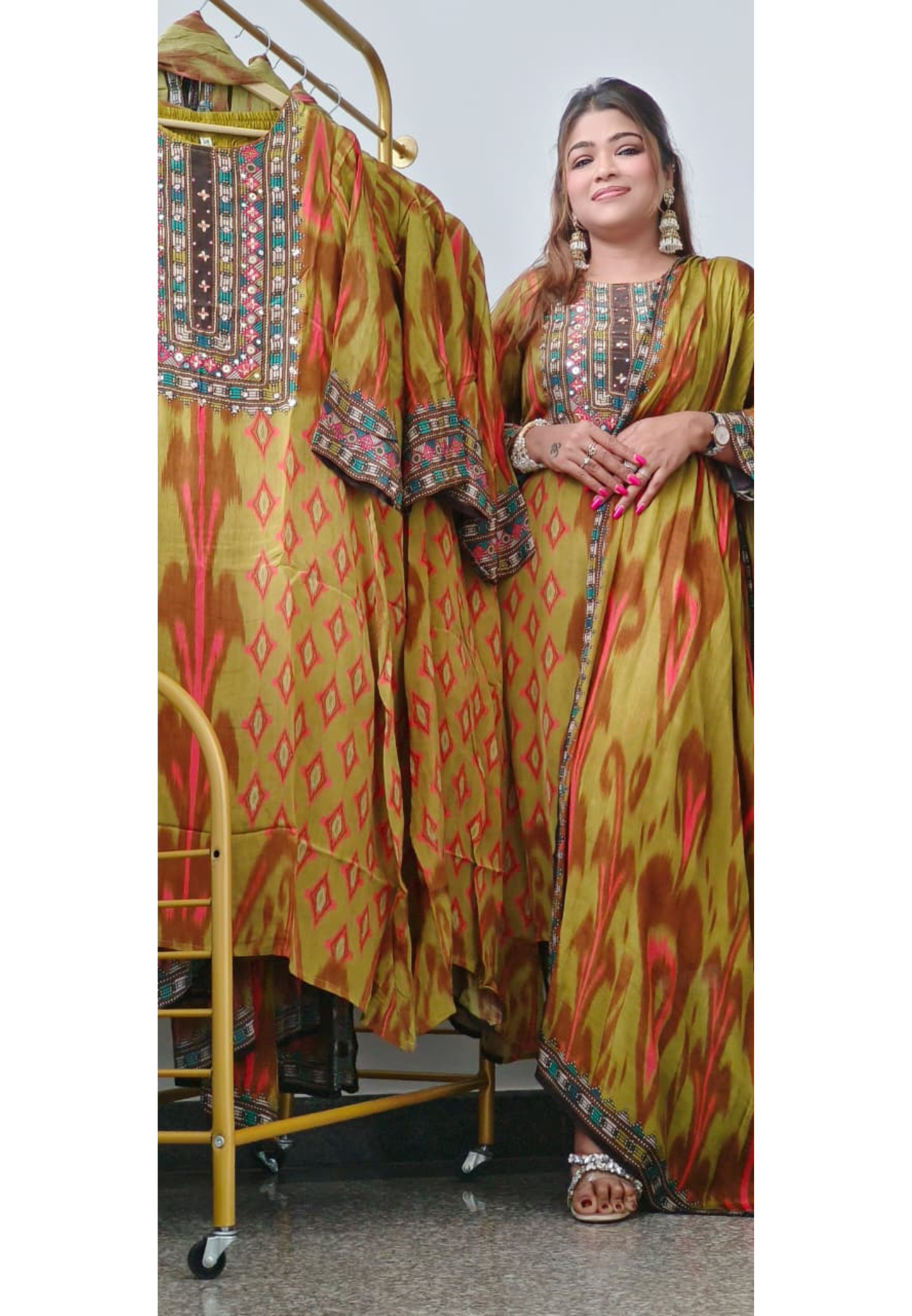 Radiant Ikkat Beautiful Yoke Full Suit Set With Dupatta In Crepe Fabric With Mul Cotton Lining- 10876