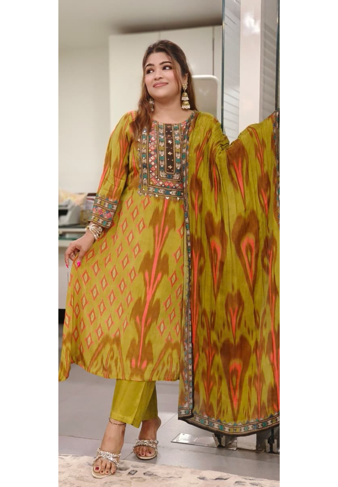 Radiant Ikkat Beautiful Yoke Full Suit Set With Dupatta In Crepe Fabric With Mul Cotton Lining- 10876