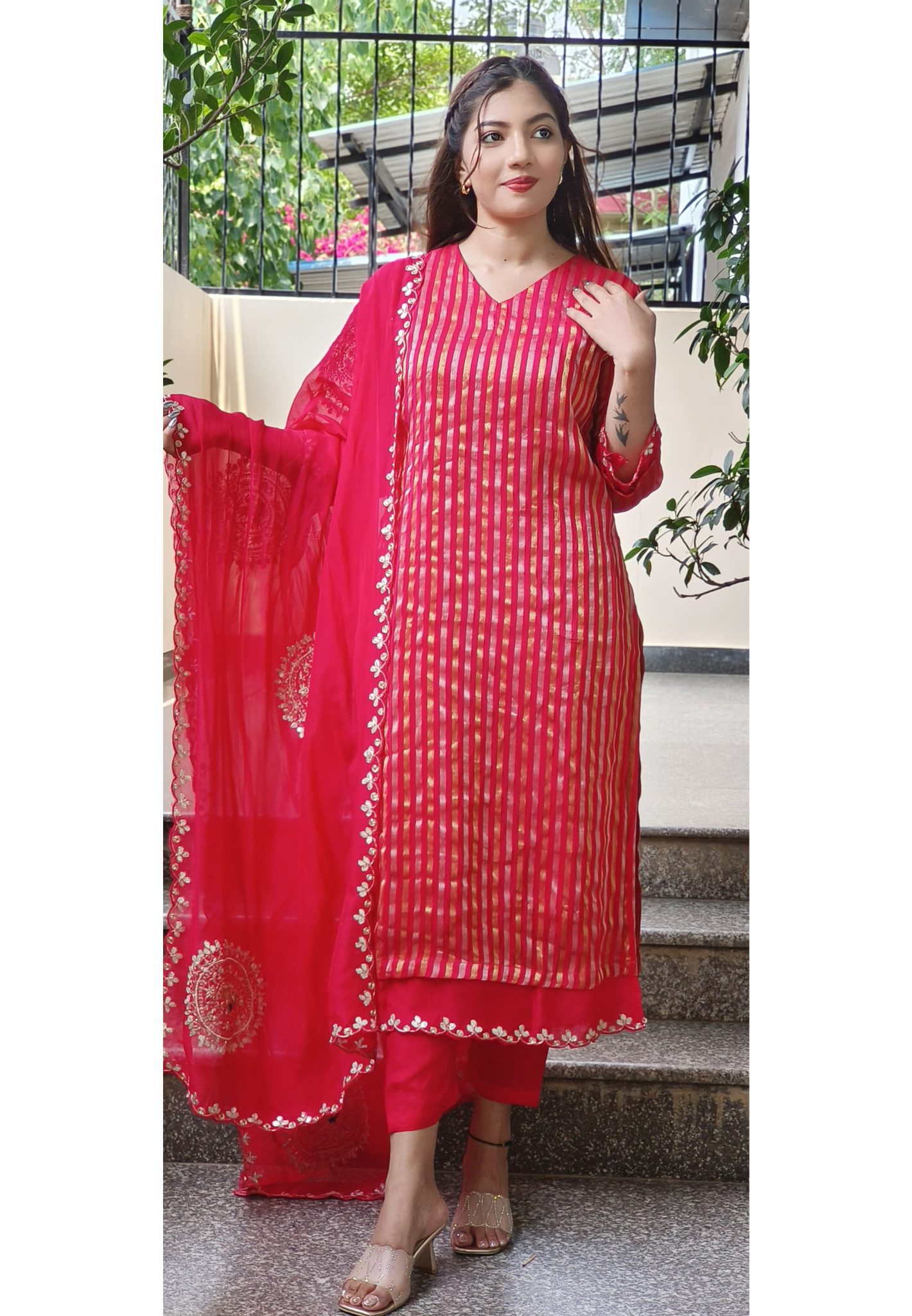 Beautiful Soft Organza Shimmer Tissue Full Kurta With Embroidered Organza Dupatta  Set-9517