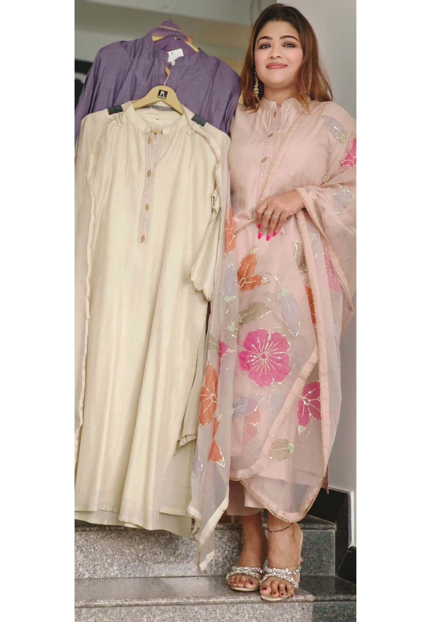 Royal Straight-Cut Silk Kurta Set with Floral Embroidered Organza Dupatta and Subtle Neckline Detailing-10225,26,27