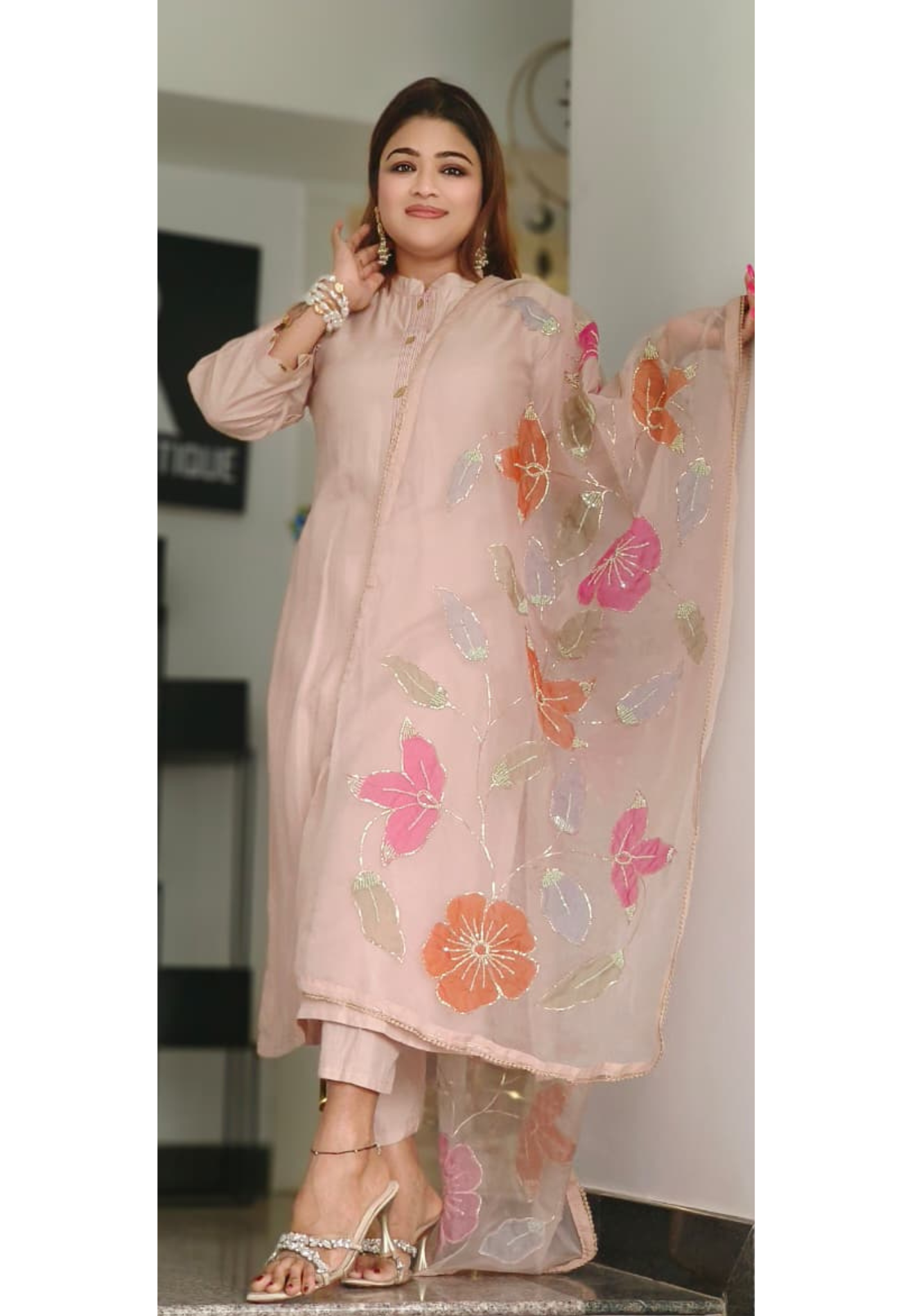 Royal Straight-Cut Silk Kurta Set with Floral Embroidered Organza Dupatta and Subtle Neckline Detailing-10225,26,27