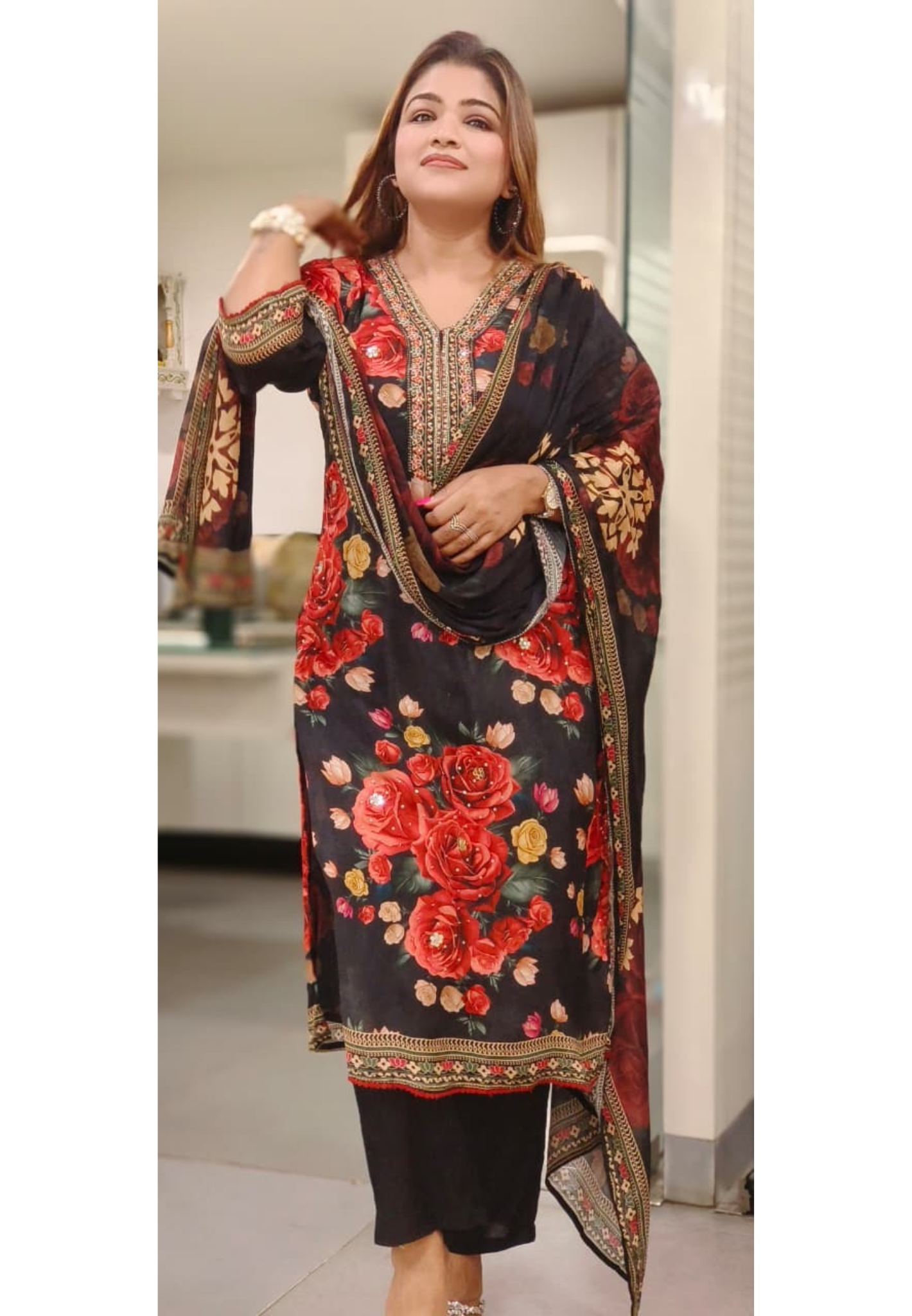 Rose Bloom Embroidery Work Full Suit Set With Dupatta In Chinon Fabric- 10879