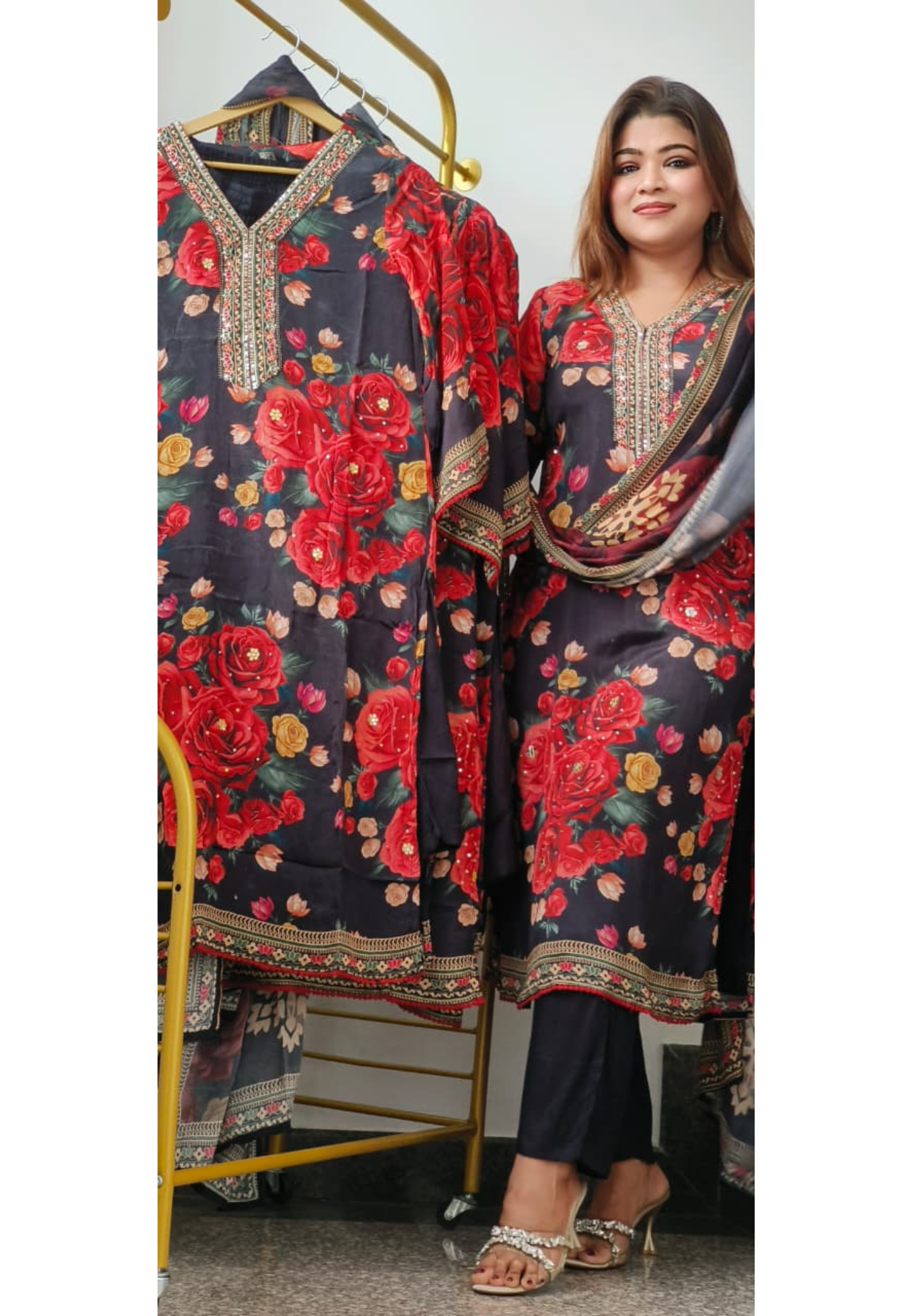 Rose Bloom Embroidery Work Full Suit Set With Dupatta In Chinon Fabric- 10879