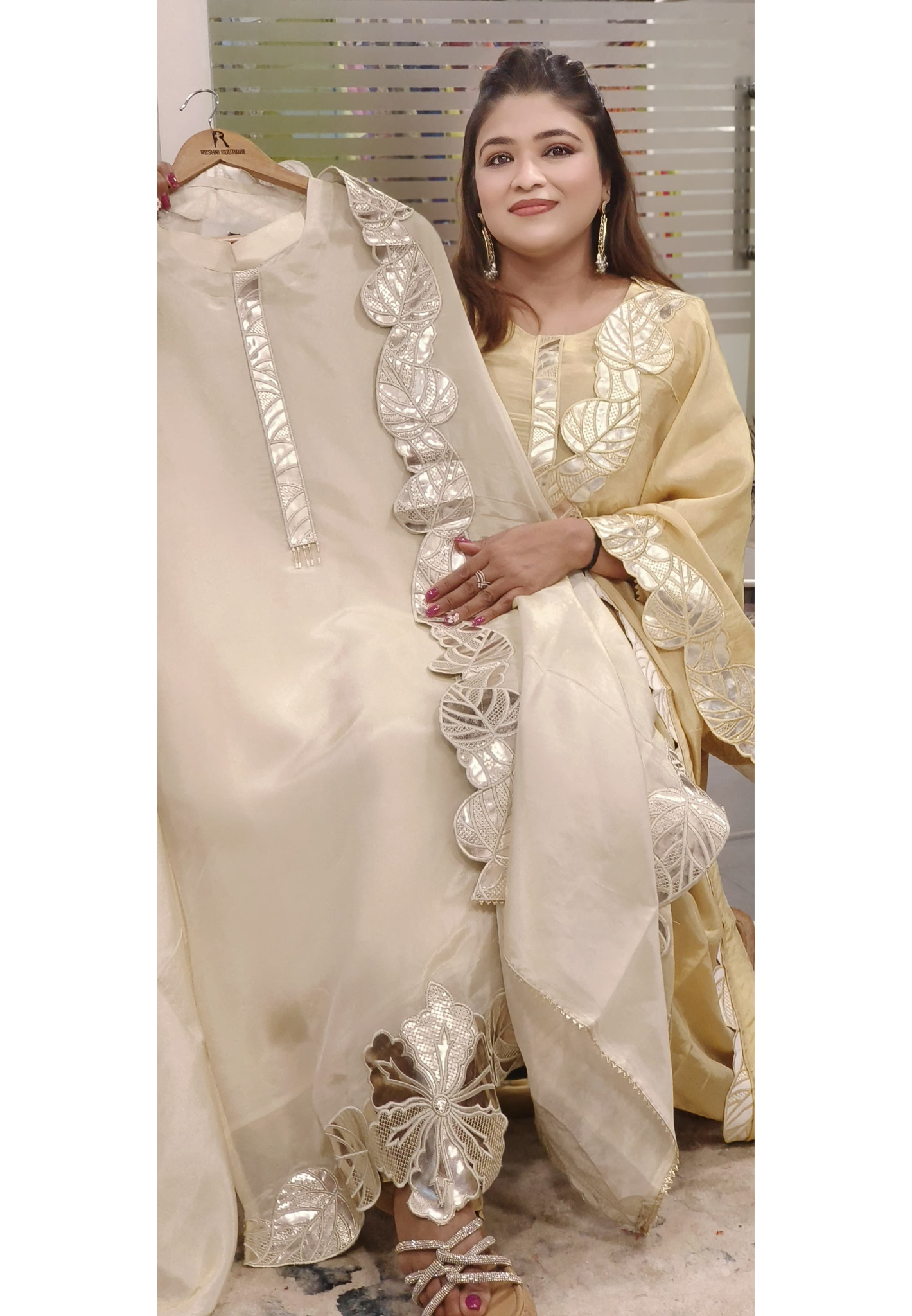 Elegant Cut Work Shimmer Tissue Full Suit Set With Dupatta-9889