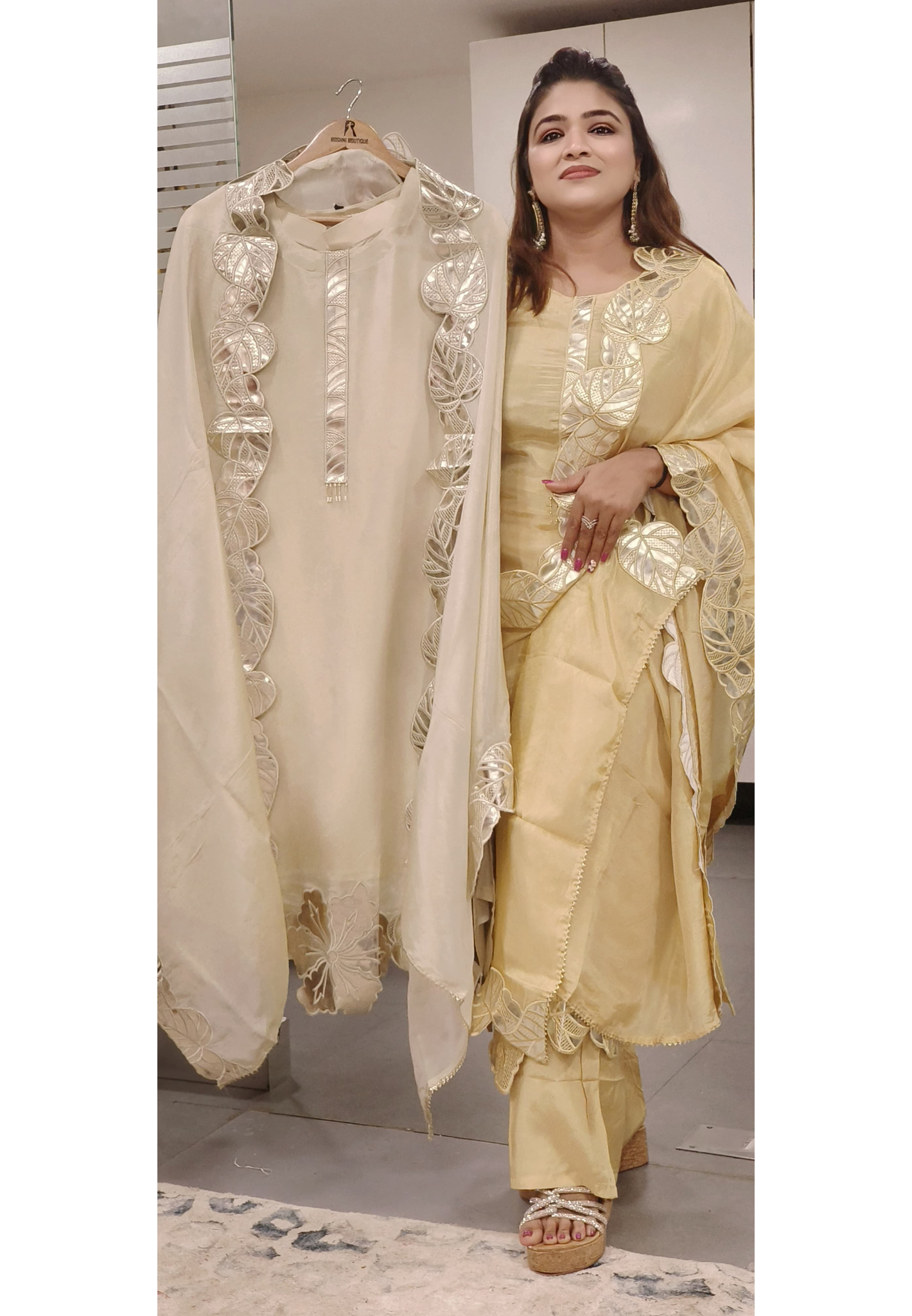 Elegant Cut Work Shimmer Tissue Full Suit Set With Dupatta-9889