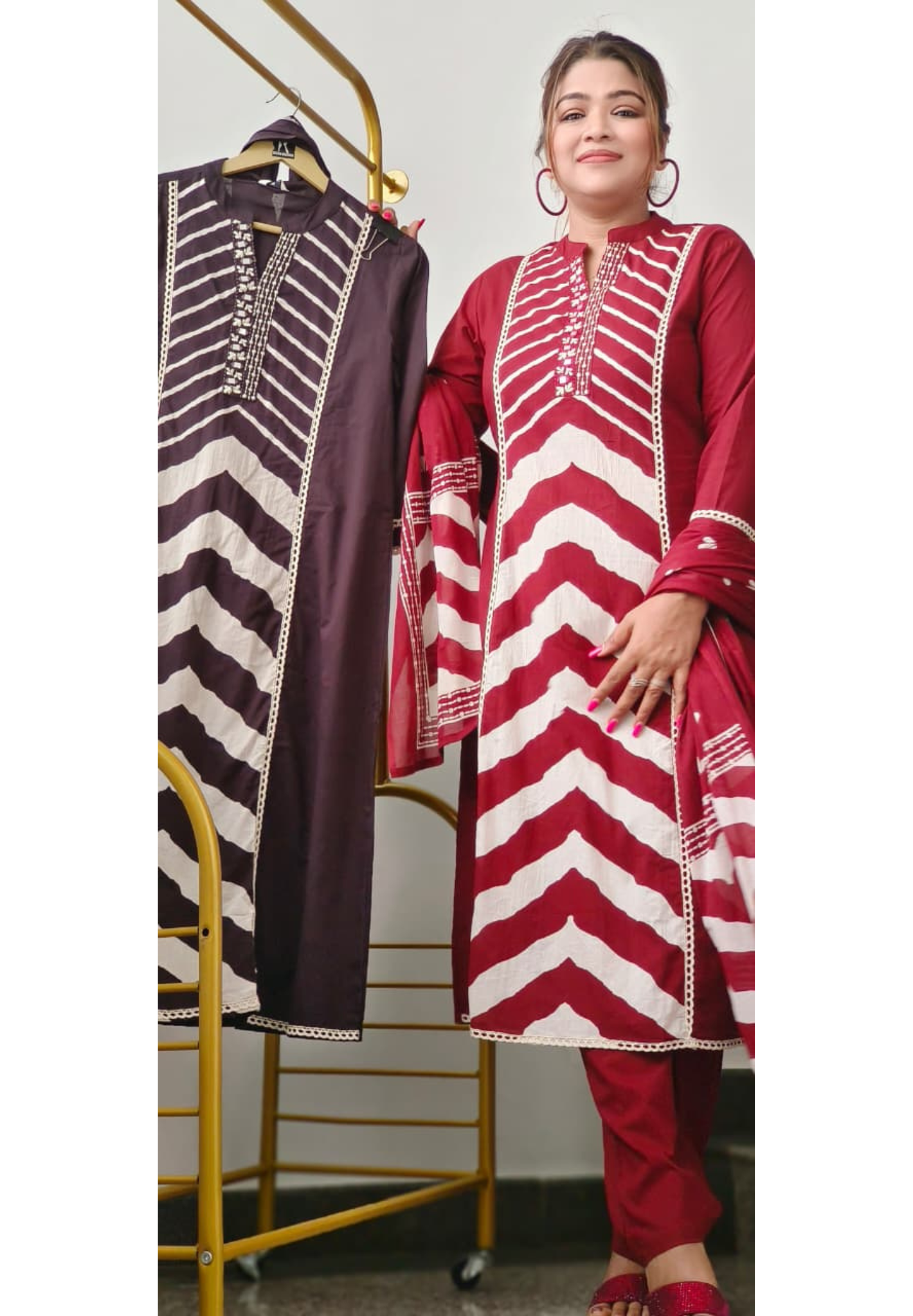 Striped Yoke Mandarin Collared Full Suit Set With Dupatta In Cotton Fabric- 10969, 10970