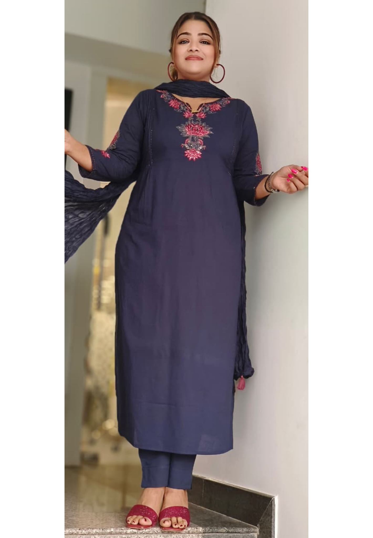 Floral Thread Embroidered Solid Full Suit Set With Dupatta In Cotton Fabric- 10980