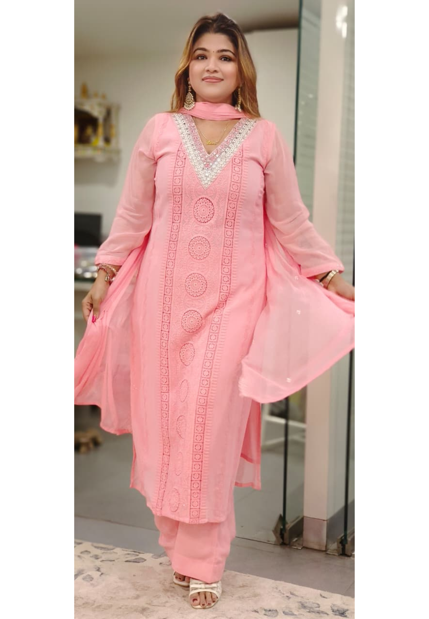 Very Elegant Real Mirror Neck Work Chikankari Georgette Full Suit Set With Chinon Dupatta- 10982