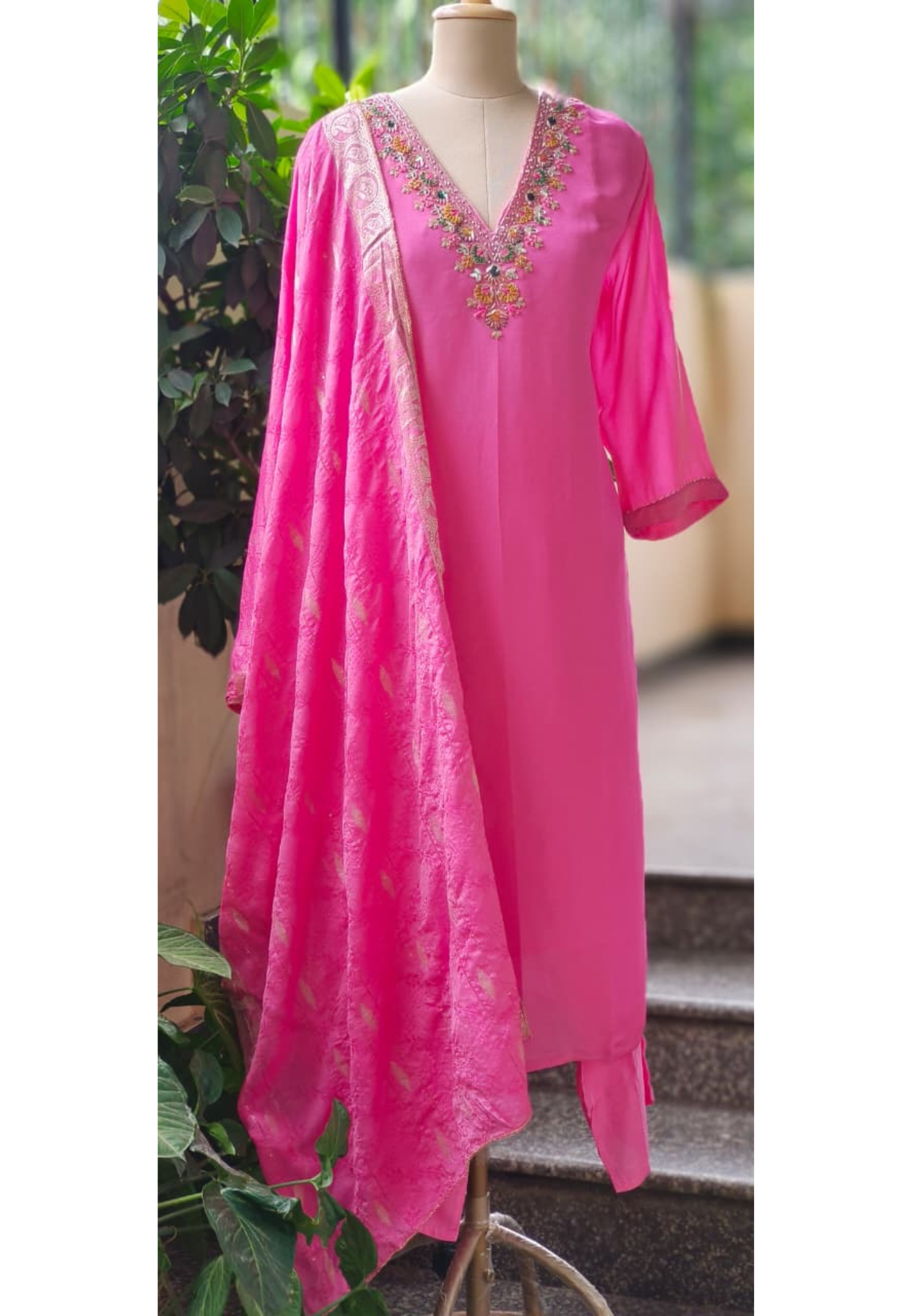 Colorful Floral Embroidery & Mirror Work Detailing Pink Full Suit Set With Dupatta In Tissue Fabric- 10977