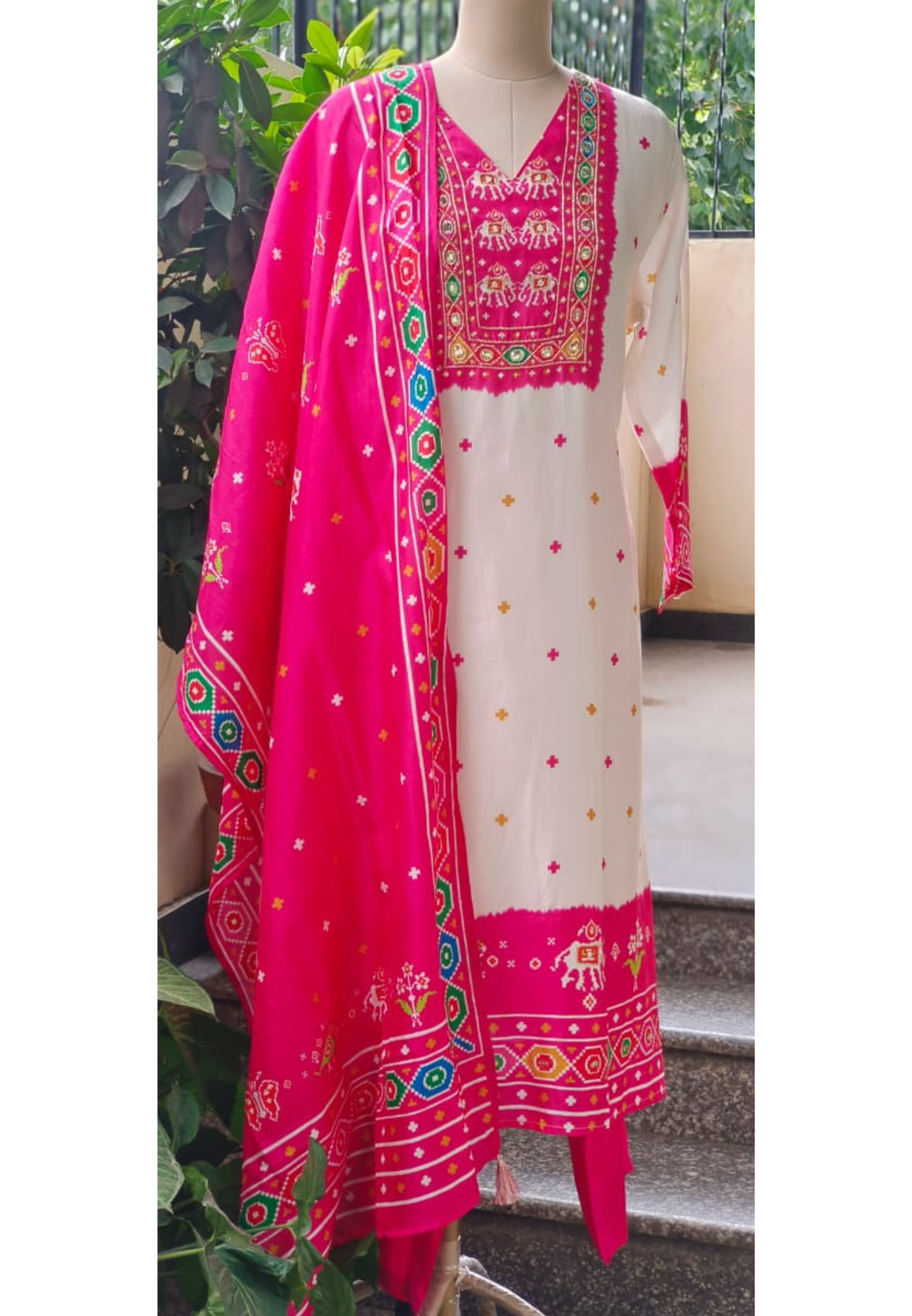 Rajasthani Prints Graceful Pink White Full Suit Set With Dupatta In Russian Silk Fabric-11011