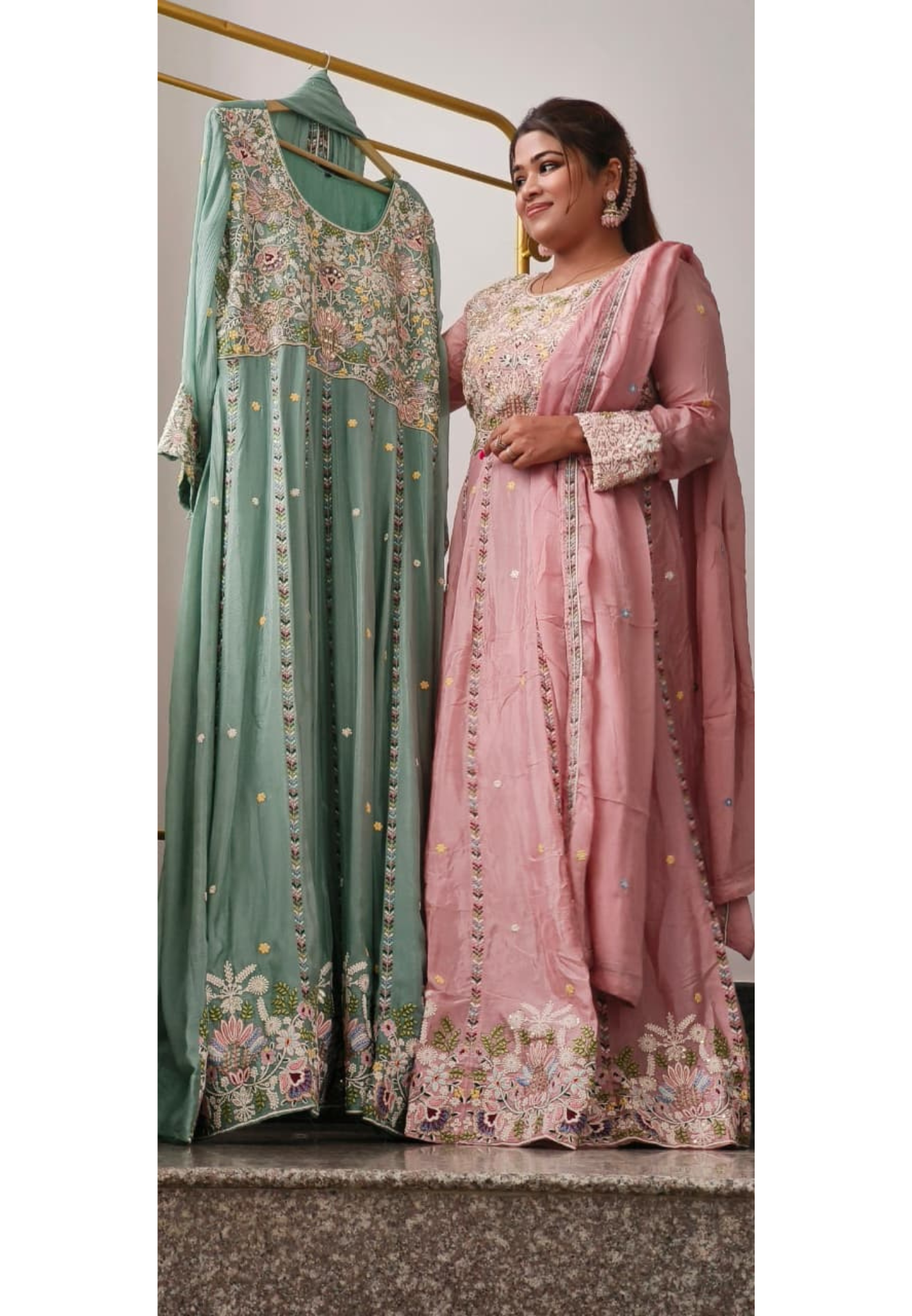 Heavily Embroidered Panel Anarkali Suit With Dupatta In Chinon Fabric- 11006, 11007