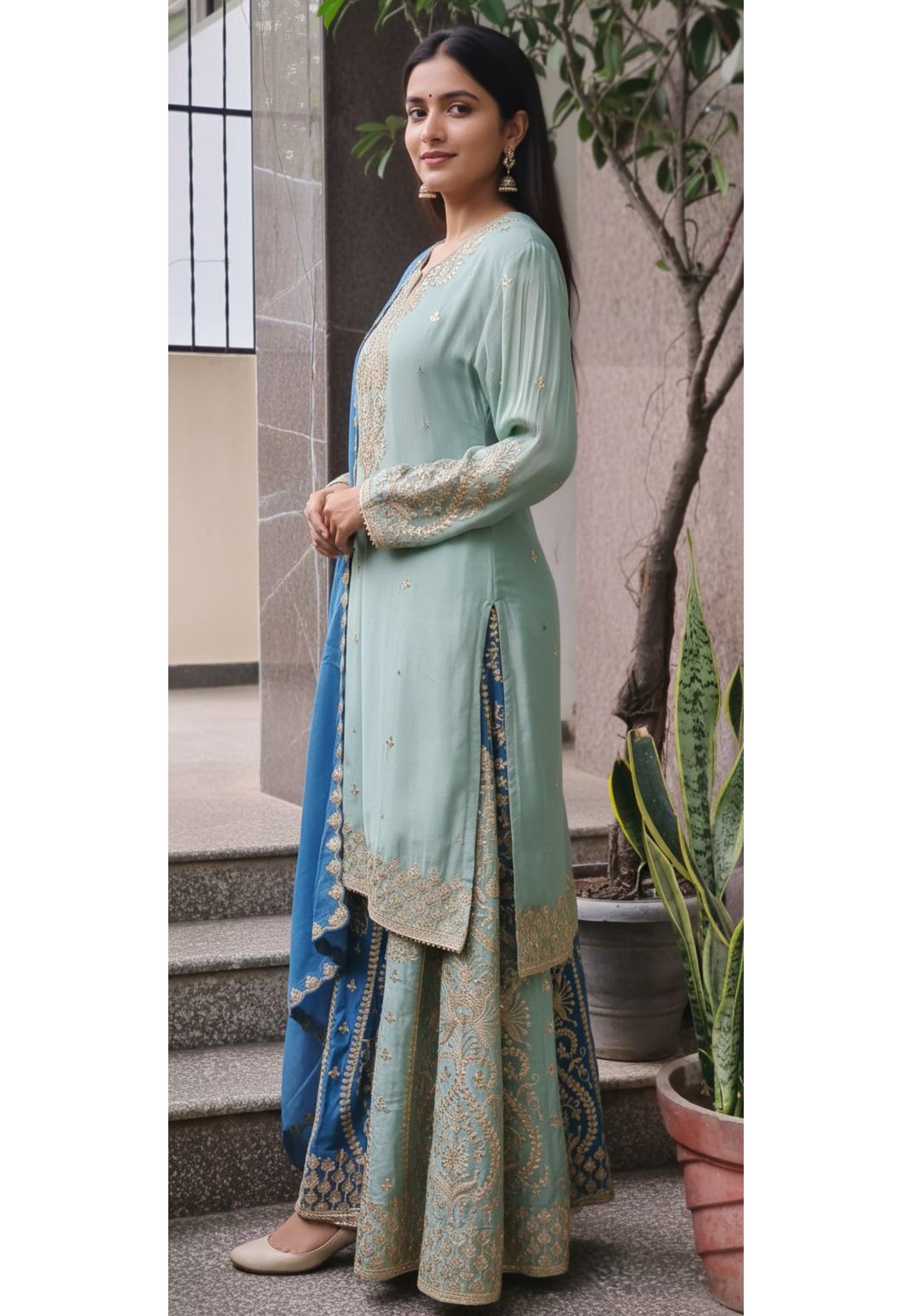 Sunheri Handwork Chinon Full Suit Set With Dupatta & Heavily Worked Panel Skirt Bottom In Dual Shade- 11009