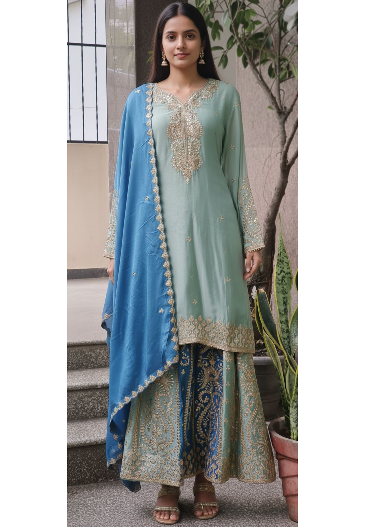 Sunheri Handwork Chinon Full Suit Set With Dupatta & Heavily Worked Panel Skirt Bottom In Dual Shade- 11009