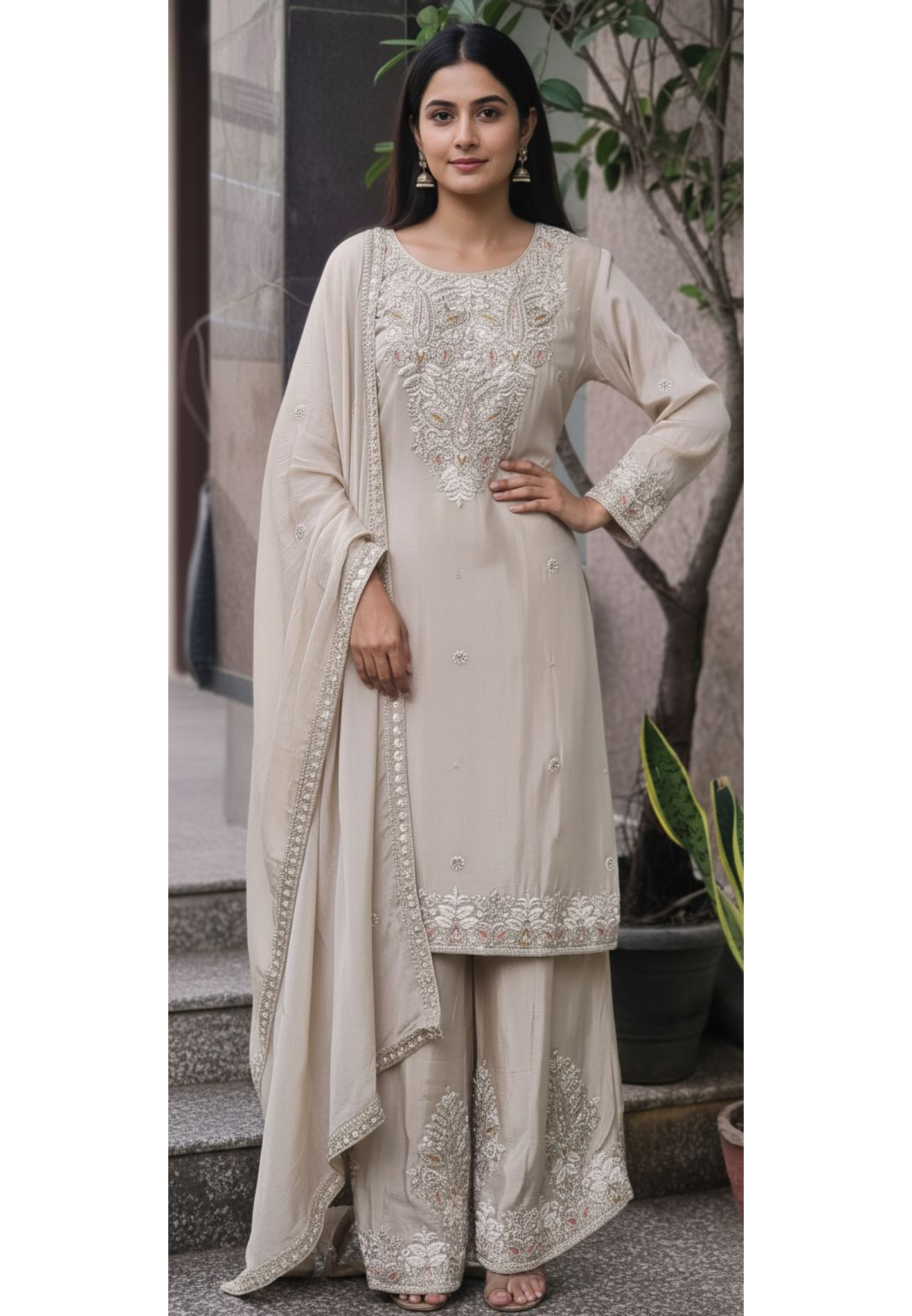 Elegant Soft Handwork Full Suit Set With Dupatta & Embroidered Panel Palazzo Bottom In Chinon Fabric-11010