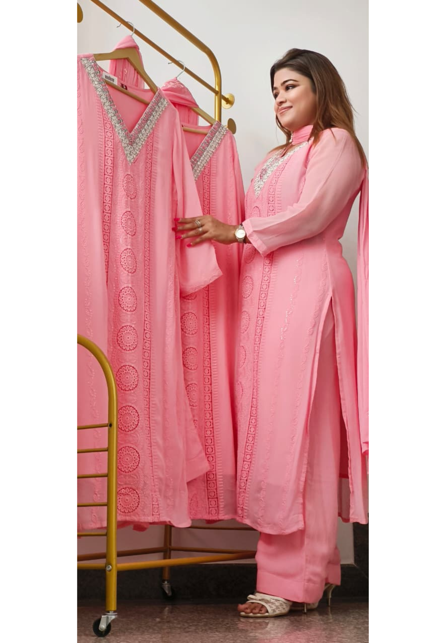 Very Elegant Real Mirror Neck Work Chikankari Georgette Full Suit Set With Chinon Dupatta- 10982