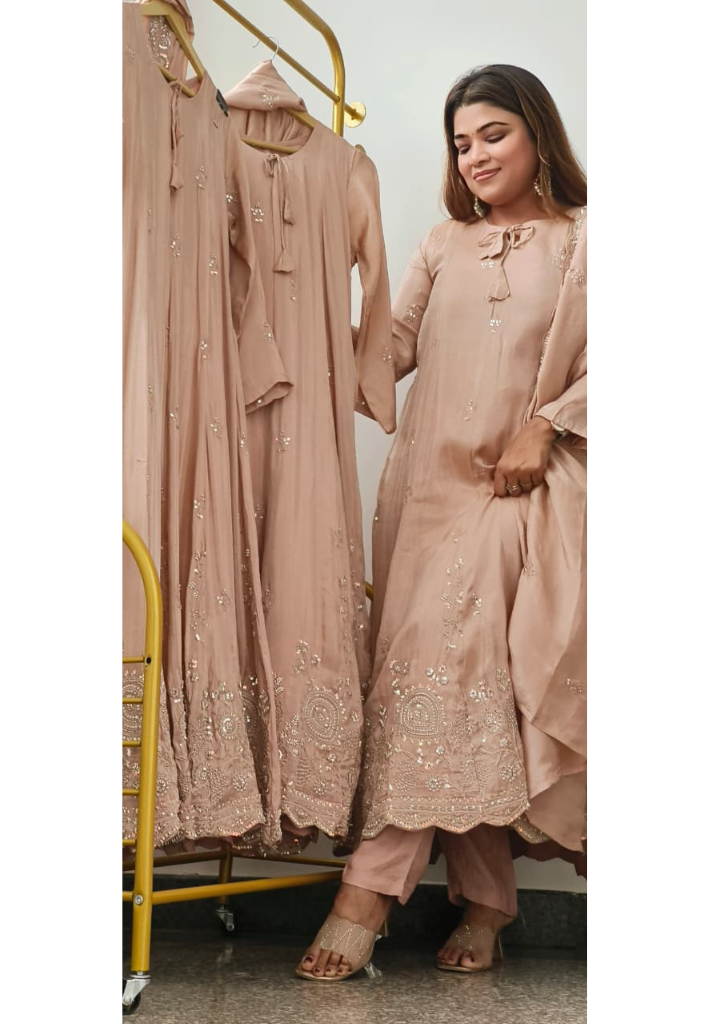 Very Elegant Panel Anarkali Full Suit Set With Dupatta In Shimmer Tissue Fabric With Heavy Handwork- 10946